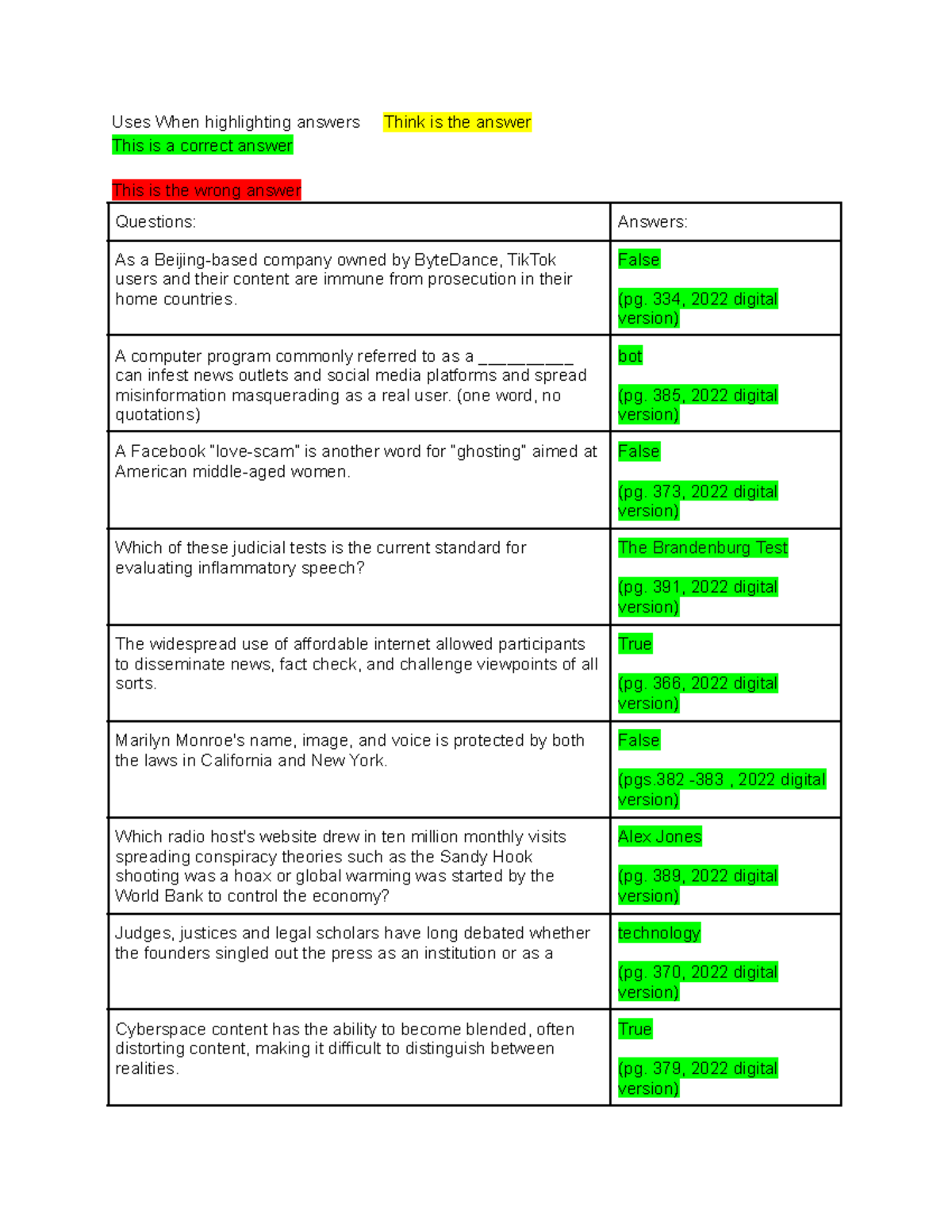 Quiz 10 Questions - Quiz Answers - Uses When highlighting answers Think ...