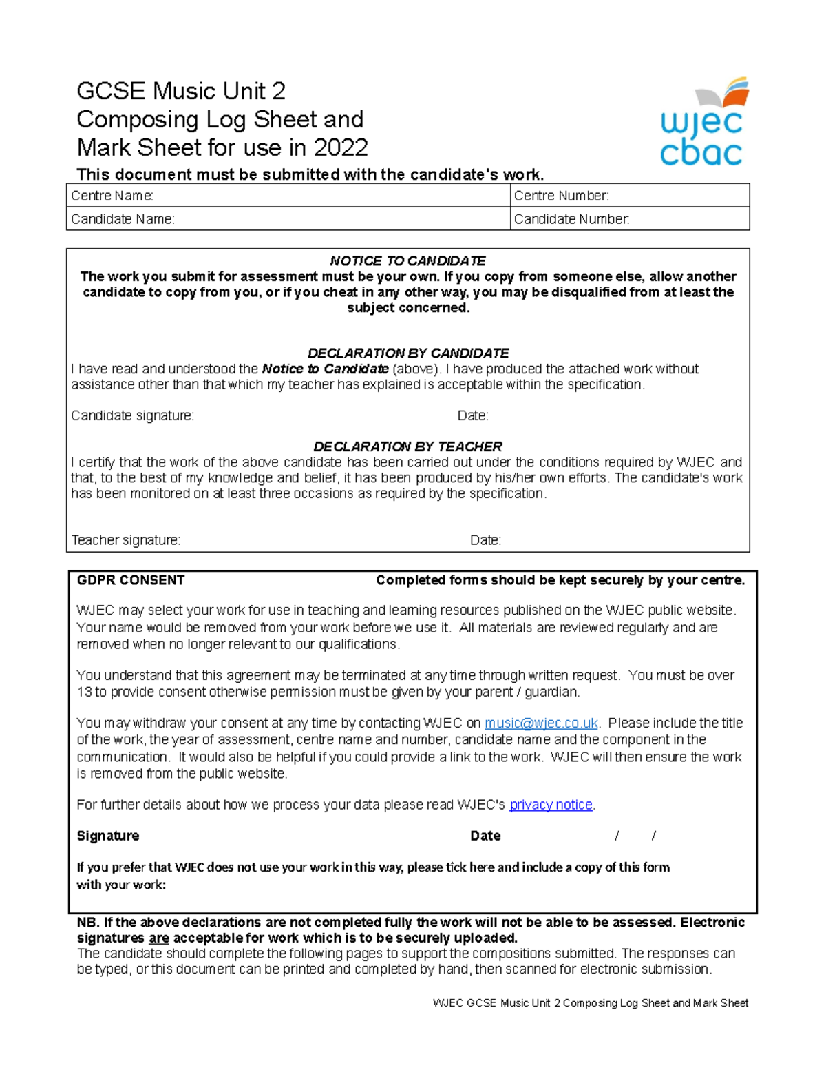 Wjec gcse unit 2 log and mark sheet 2022 - GCSE Music Unit 2 Composing ...