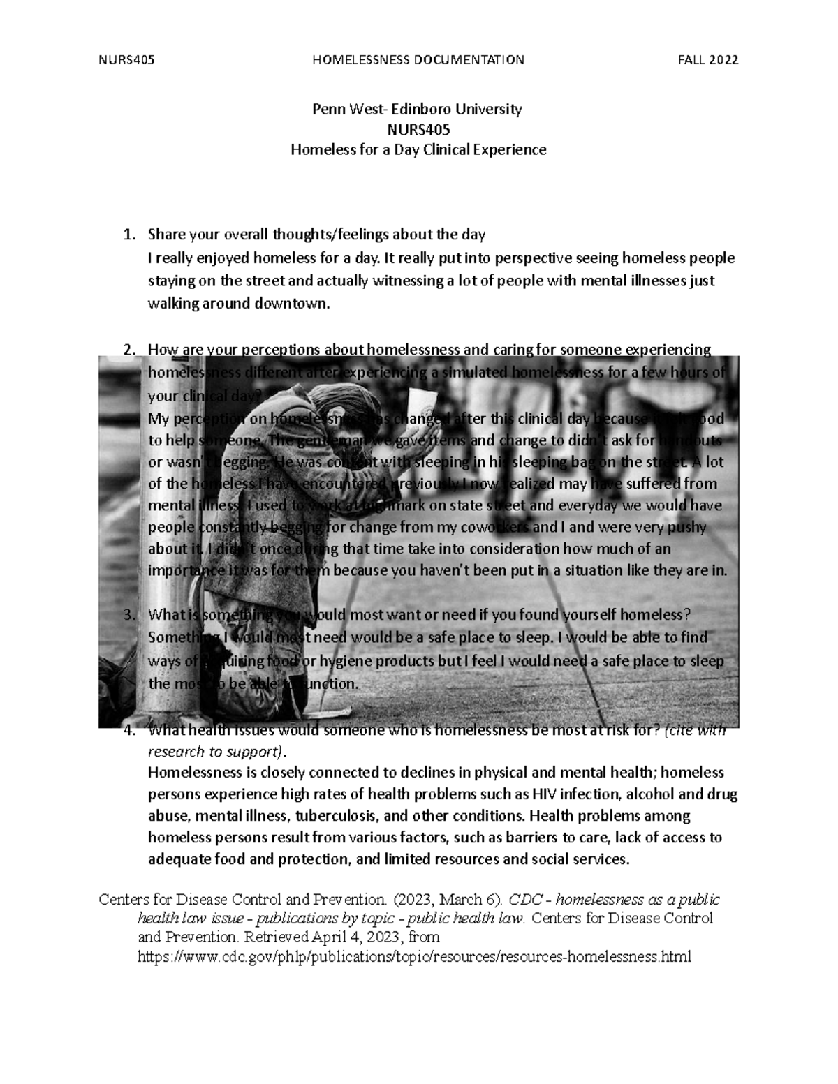 NURS405 Homeless FOR A DAY Documenation 1 - NURS405 HOMELESSNESS ...