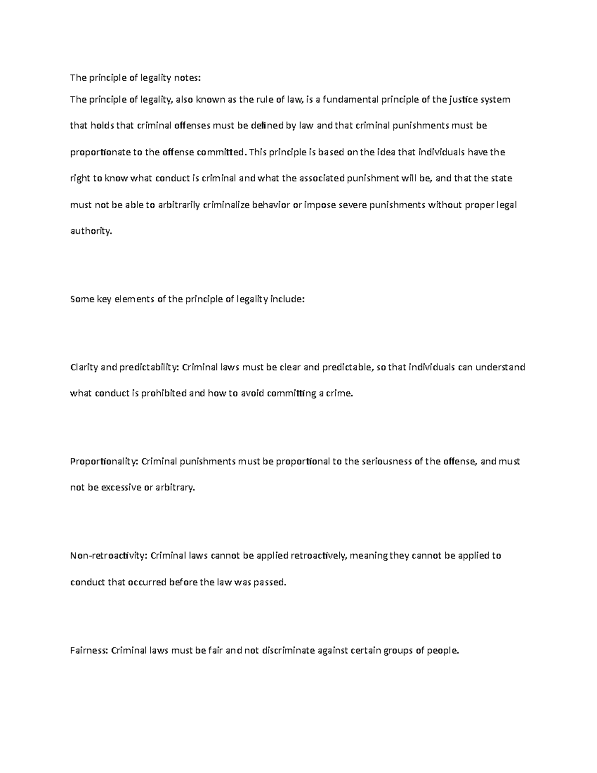 The principle of legality notes - This principle is based on the idea ...