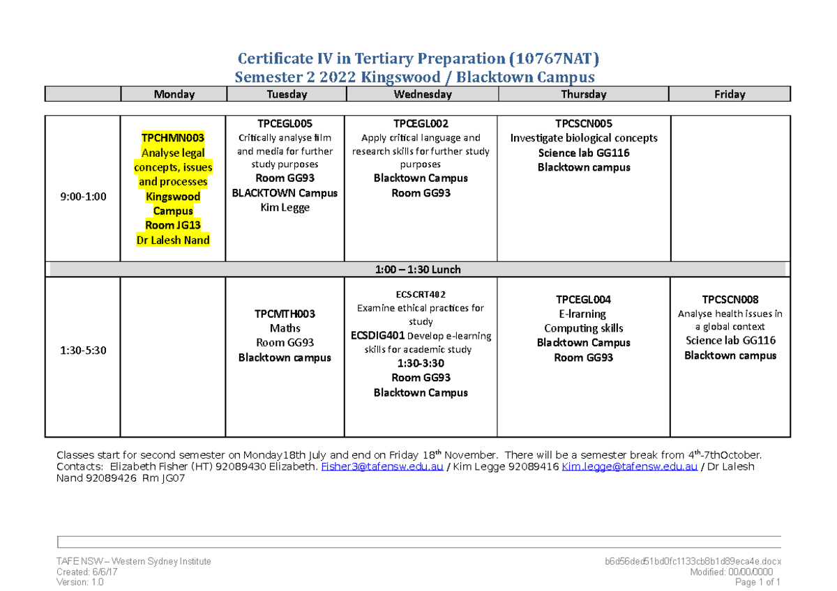 TPC Cert 1V Timetable Sem 1 2022 Blacktown Nepean Combined Certificate IV in Tertiary
