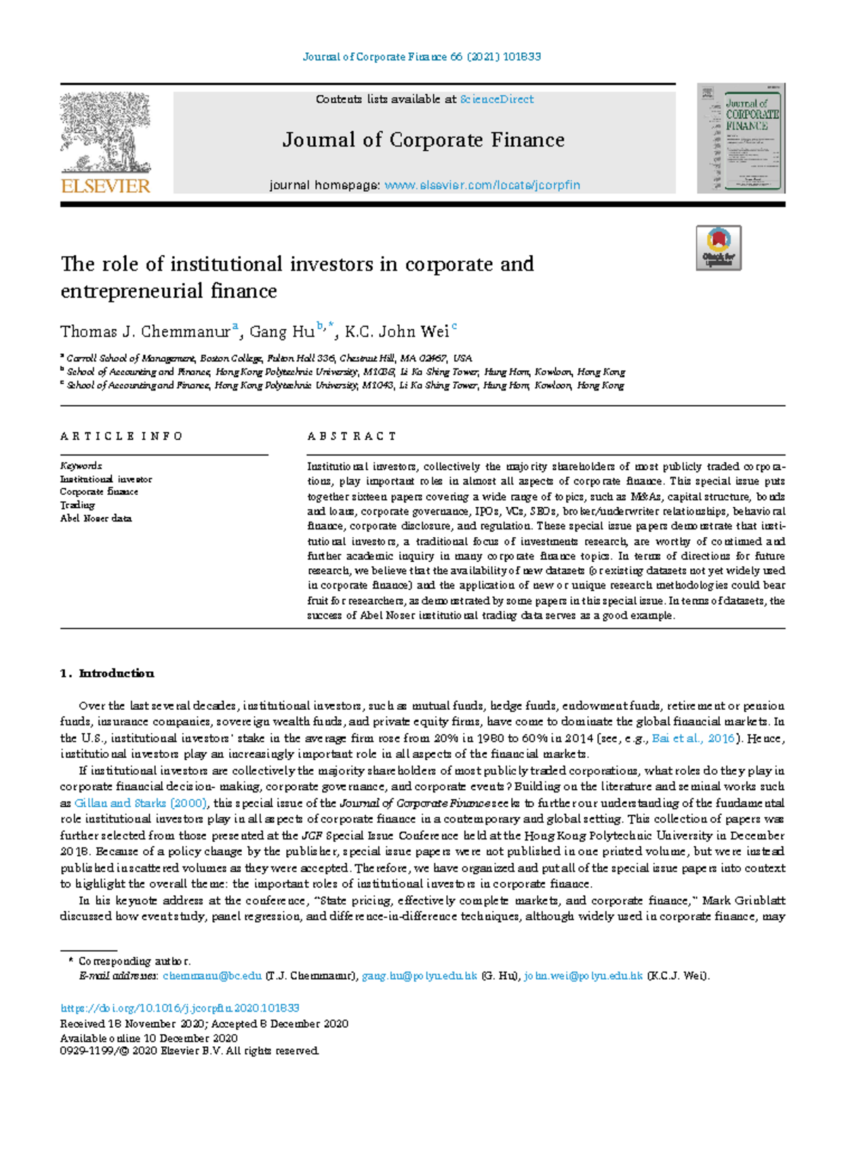 Institutional Investors - Journal of Corporate Finance 66 (2021) 101833 ...