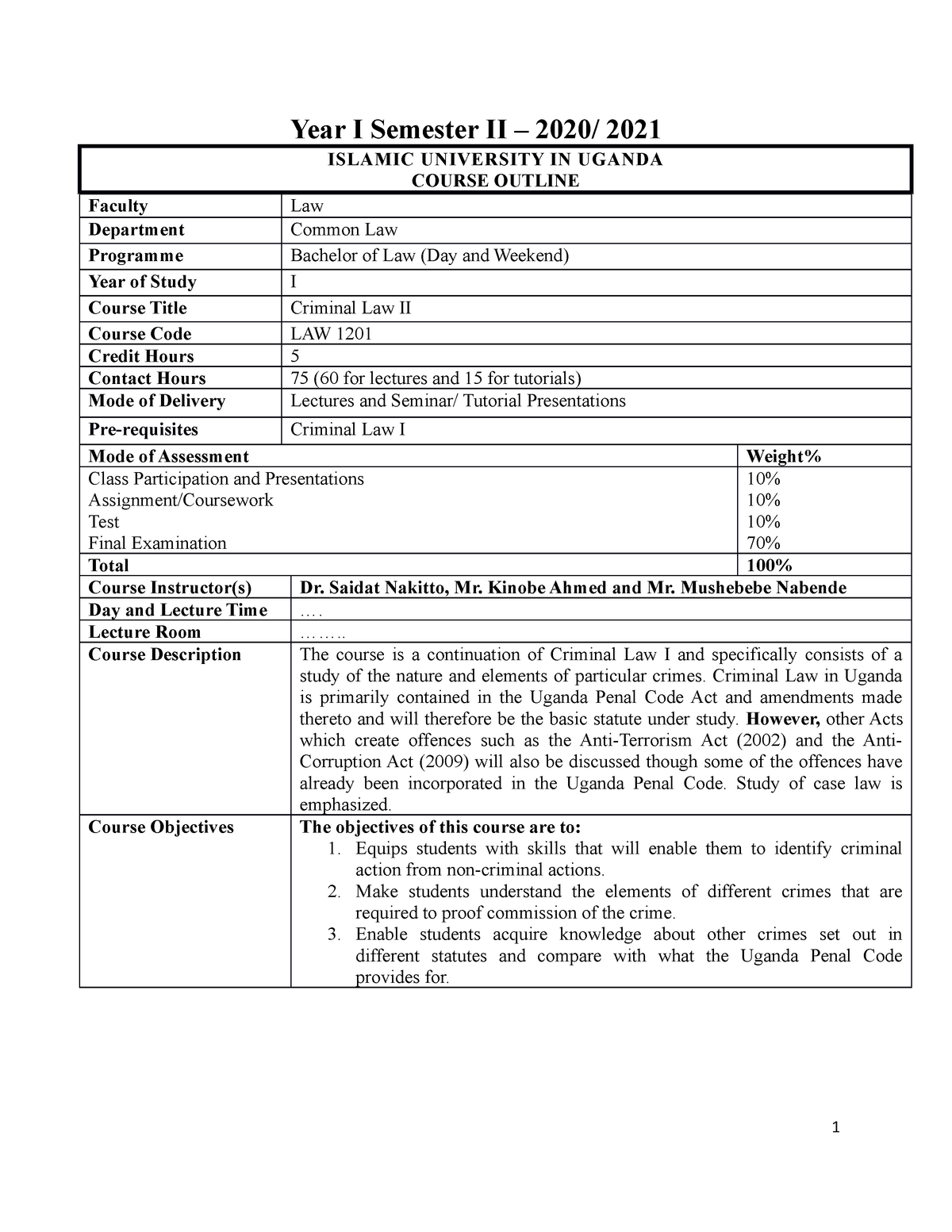 Course Outline For Criminal Law II - Year I Semester II – 2020/ 2021 ...