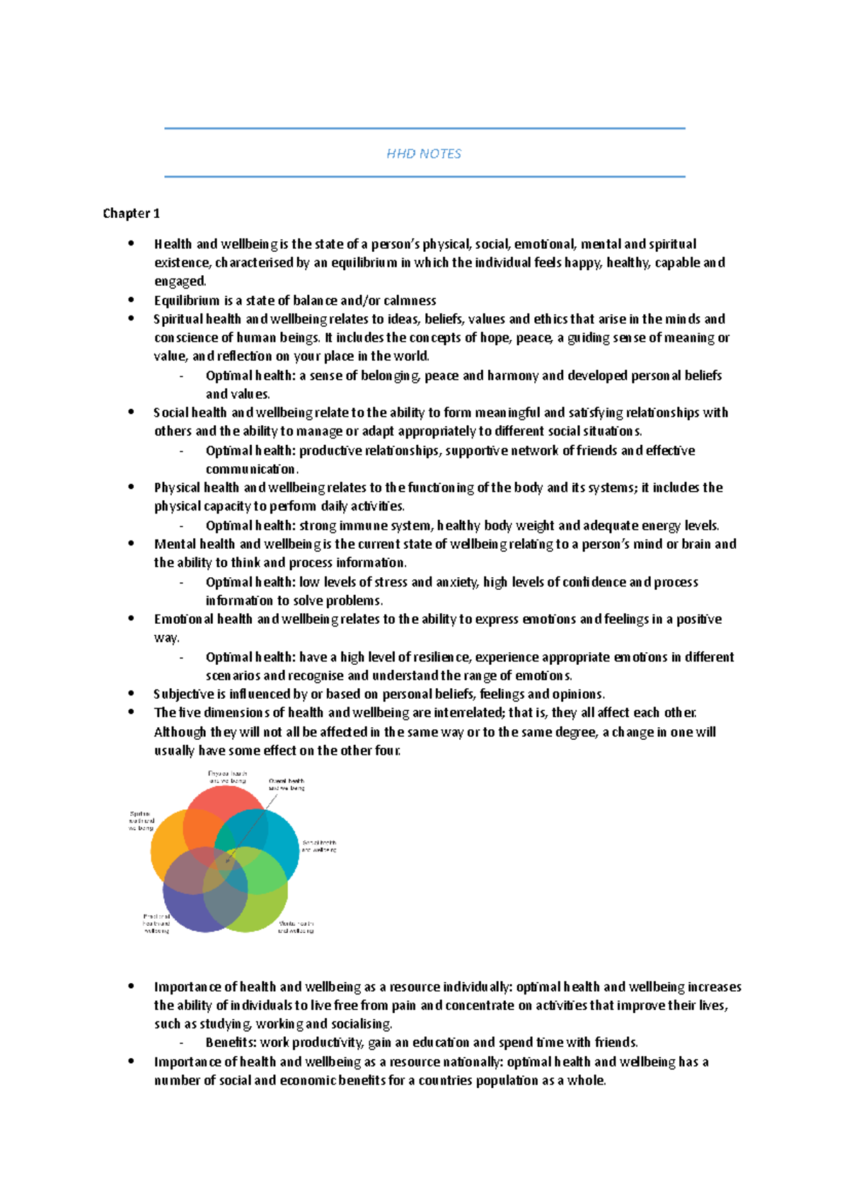 Health and Human development chapter 1 - 3 - HHD NOTES Chapter 1 Health ...