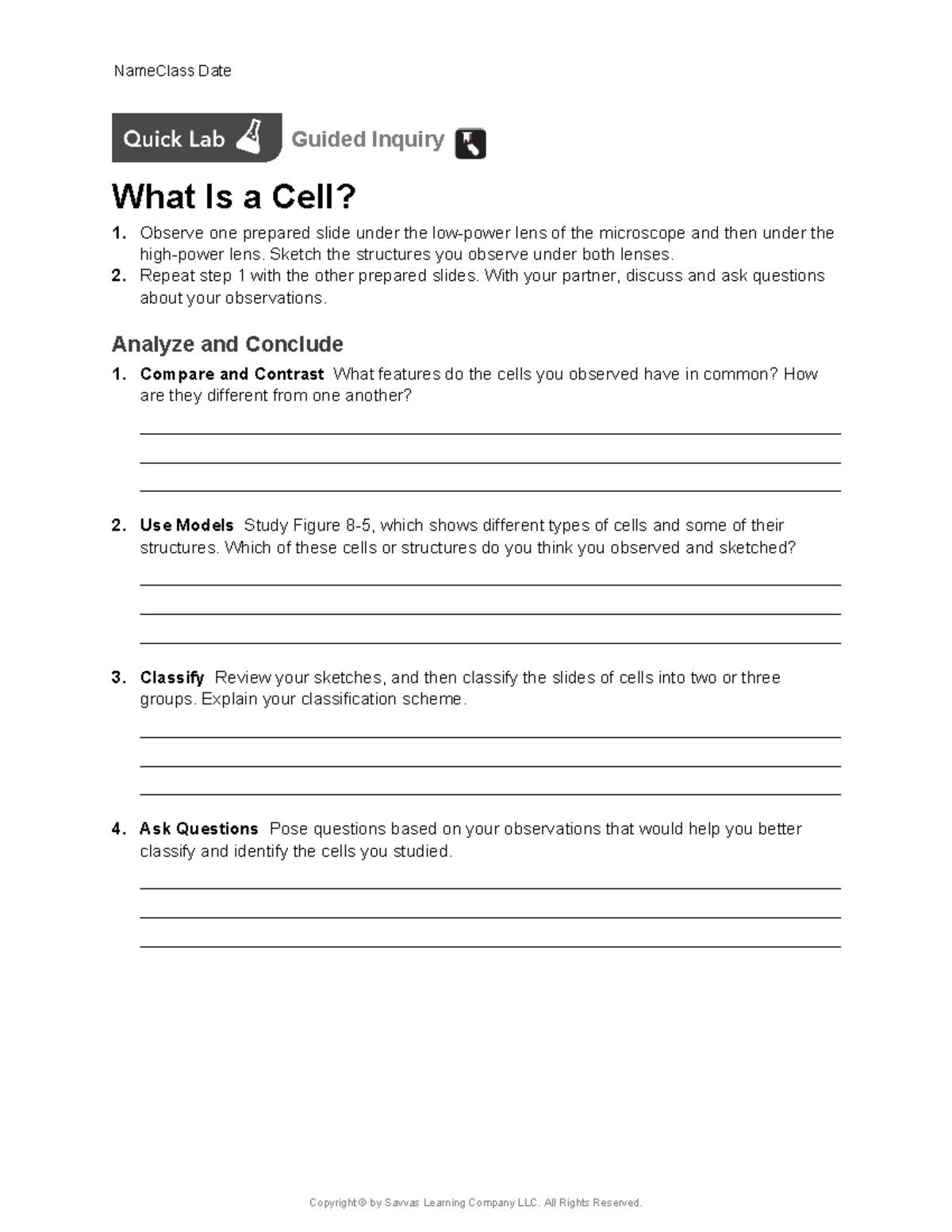 BIO CH08 Quick Lab Guided Inquiry What Is a Cell? 1. Observe one