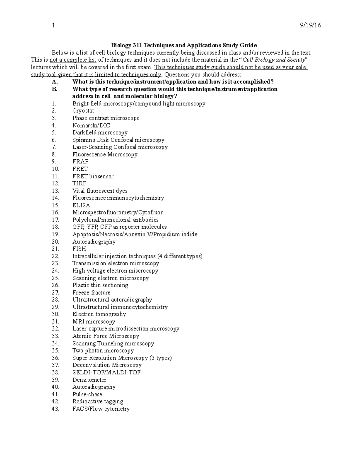 311 Techniques Spring 2018 - 1 9/19/ Biology 311 Techniques and ...