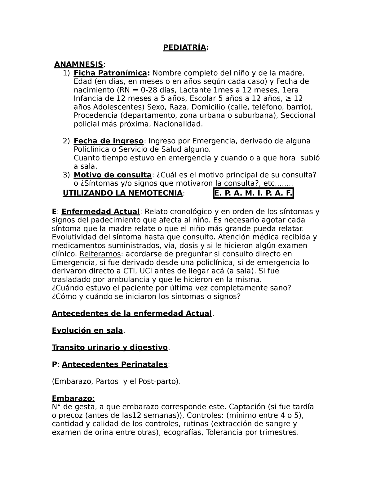 Anamnesis-en-Pediatría - PEDIATRÍA: ANAMNESIS: 1) Ficha Patronímica: Nombre  completo del niño y de - Studocu