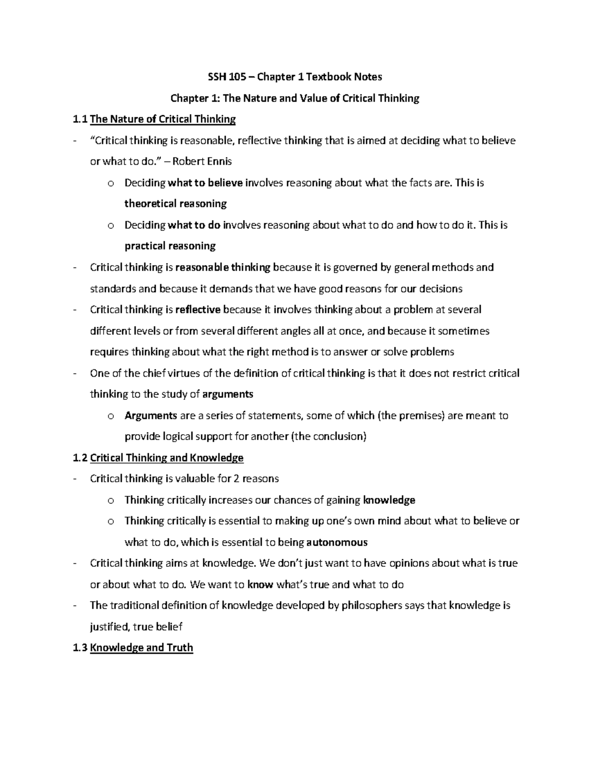 SSH 105 Chapter 1 Textbook Notes - SSH 105 – Chapter 1 Textbook Notes ...