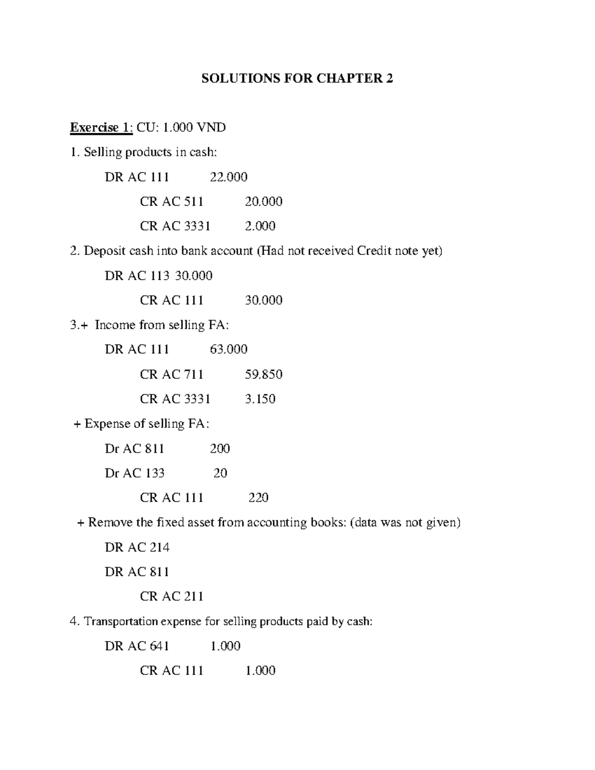 Solutions For Chapter 2 Solutions For Chapter 2 Exercise 1 Cu 1 Vnd Selling Products In Cash 1921