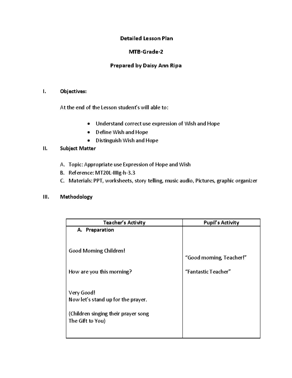 MTB Detaild lesson Plan-Grade 2 - Detailed Lesson Plan MTB-Grade ...