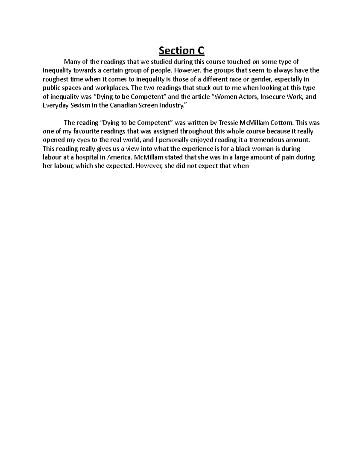Section c Section C Many of the readings that we studied during this