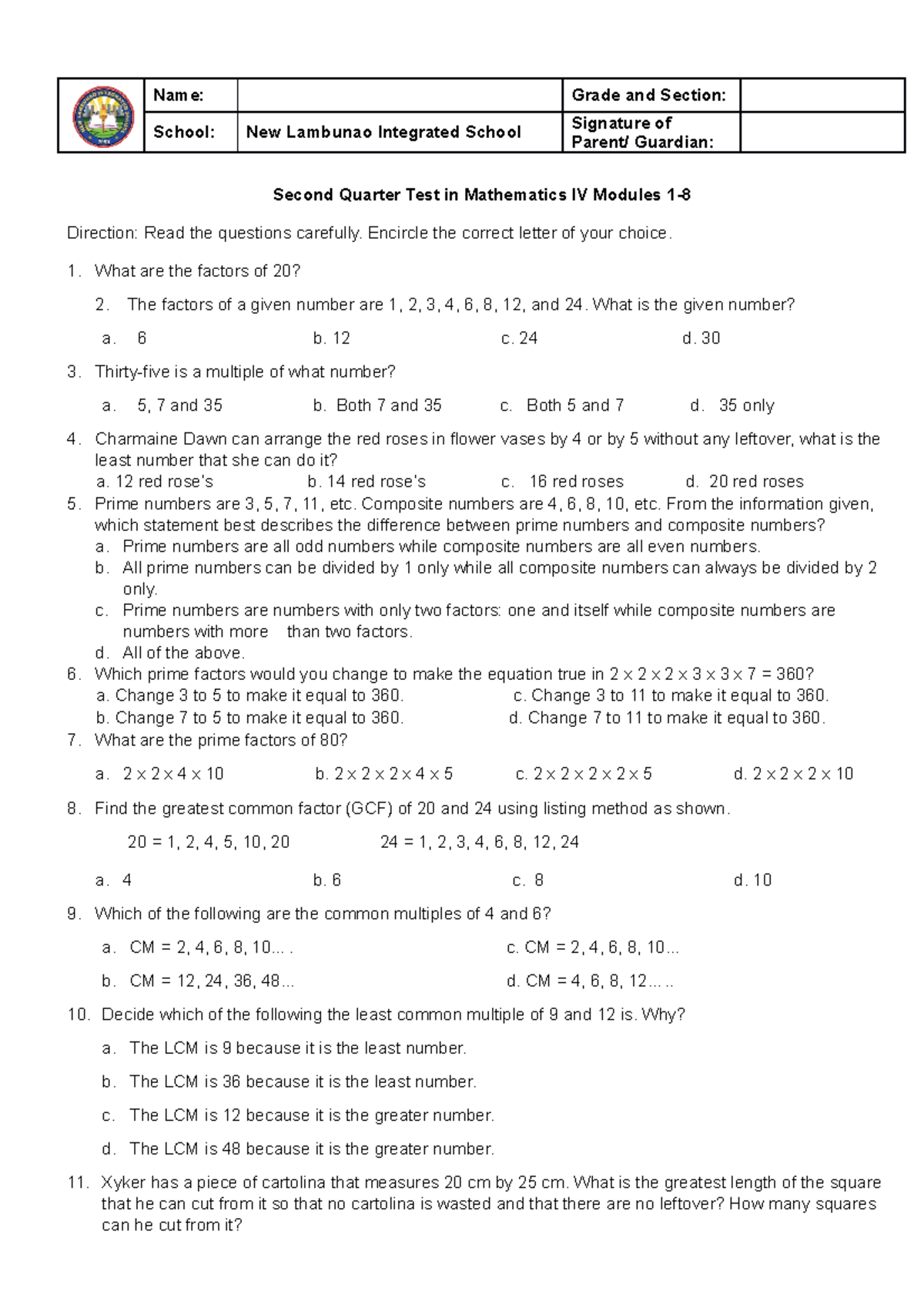 Math 4 Q2 Test Example TEst Name Grade and Section School New