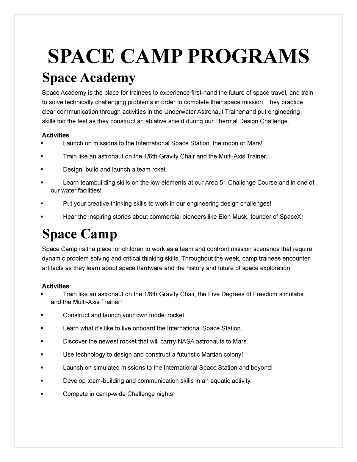 Wrd1Space Space camp assignment SPACE CAMP PROGRAMS Space Academy