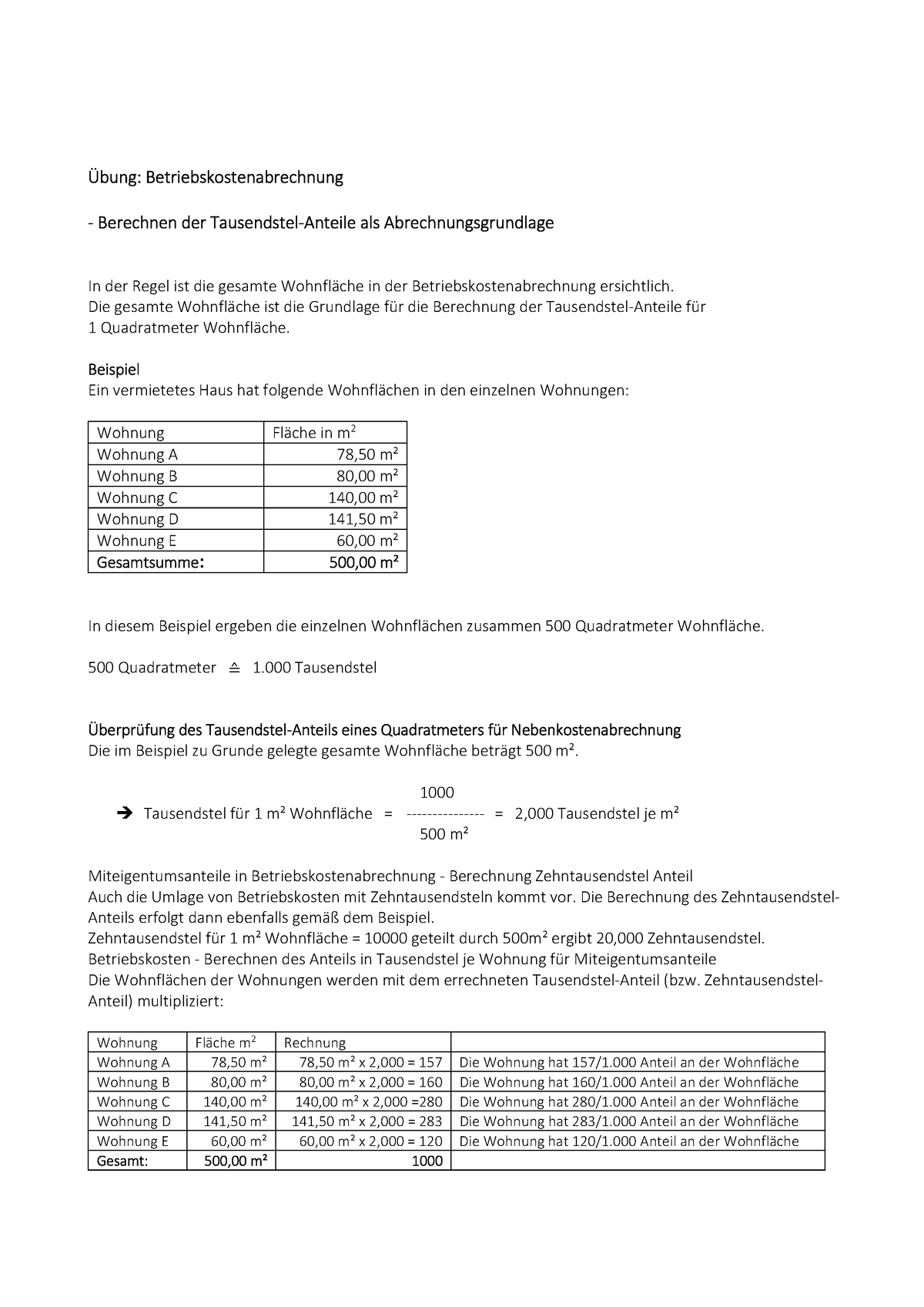 Übung Betriebskostenabrechnung Immobilienkaufleute - Übung ...