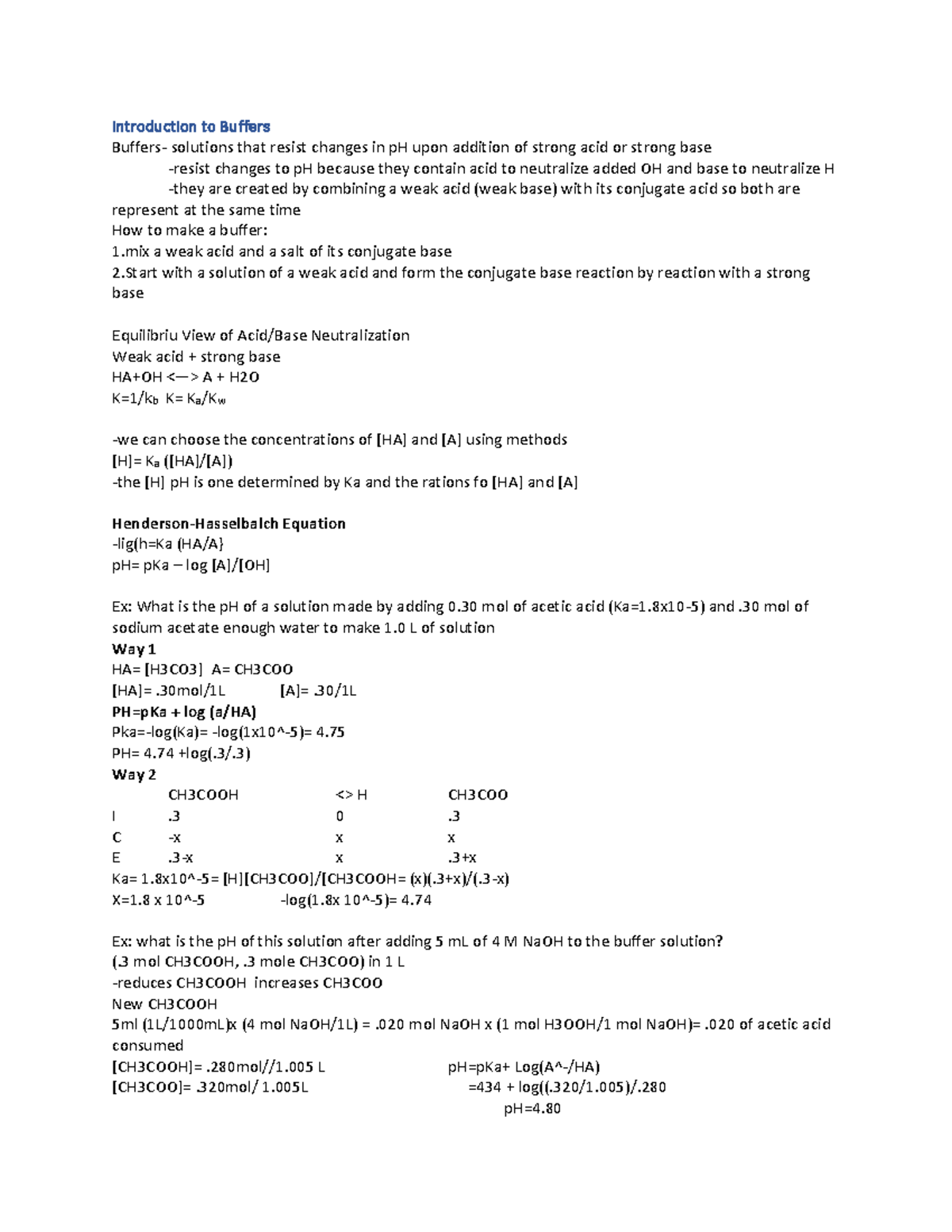 Gen Chem Notes 15 - Introduction to Buffers Buffers- solutions that ...