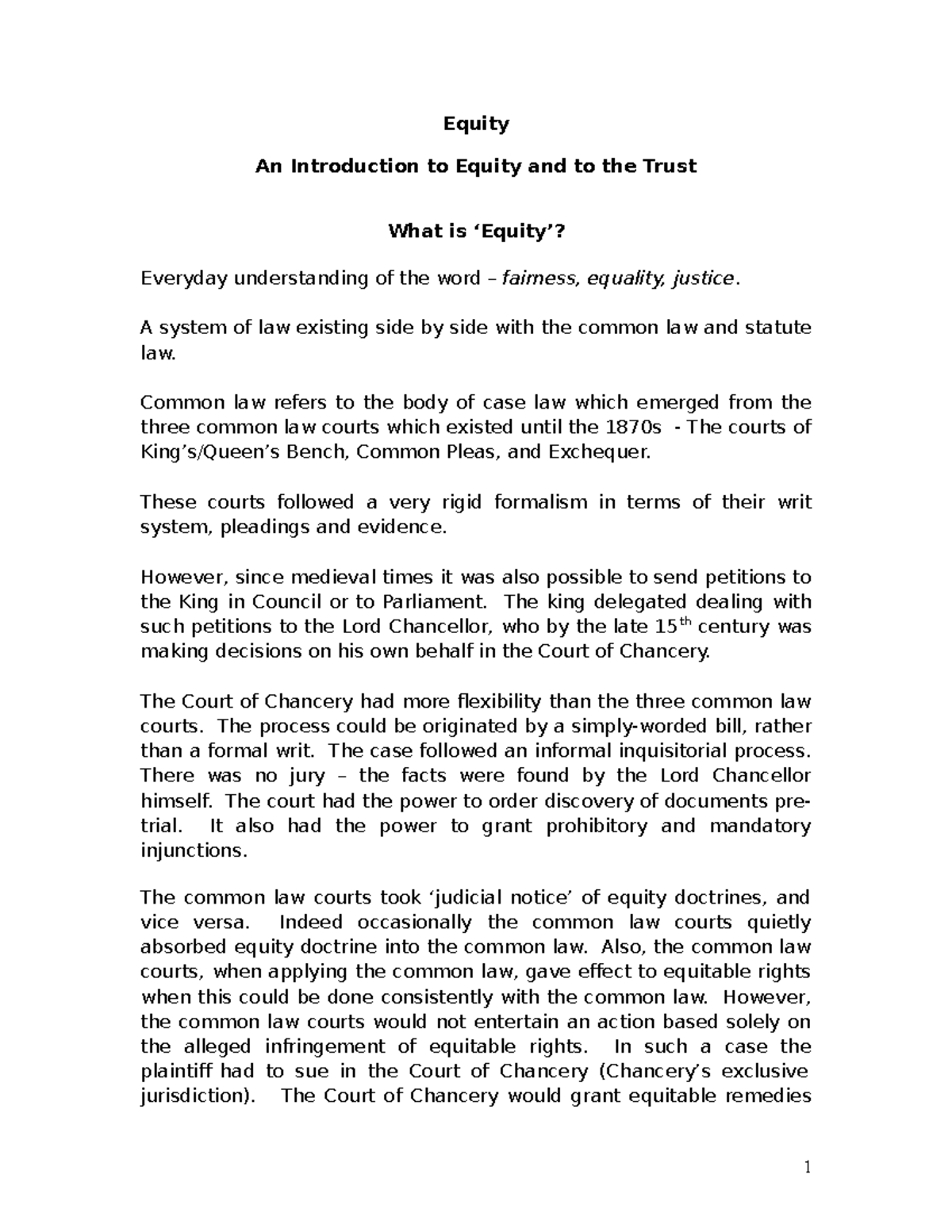Introduction to Equity and to the Trust Handout - Equity An ...