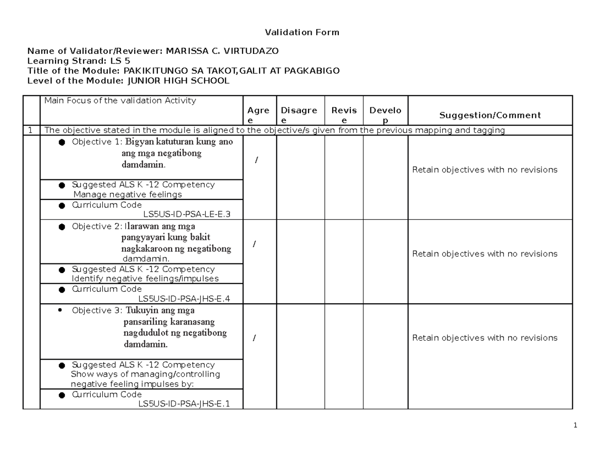 M.Virtudazo-Pakikitungo sa takot,galit at pgkabigo - Validation Form ...