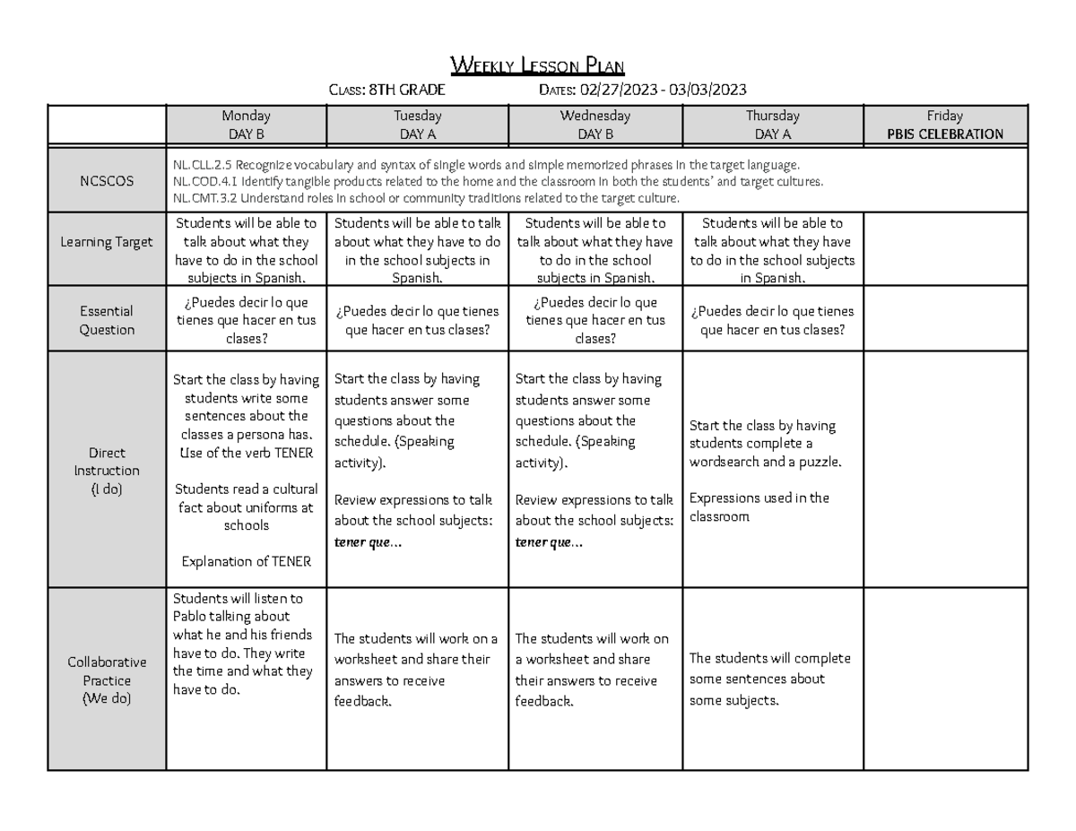Lesson Plan Class 8th English