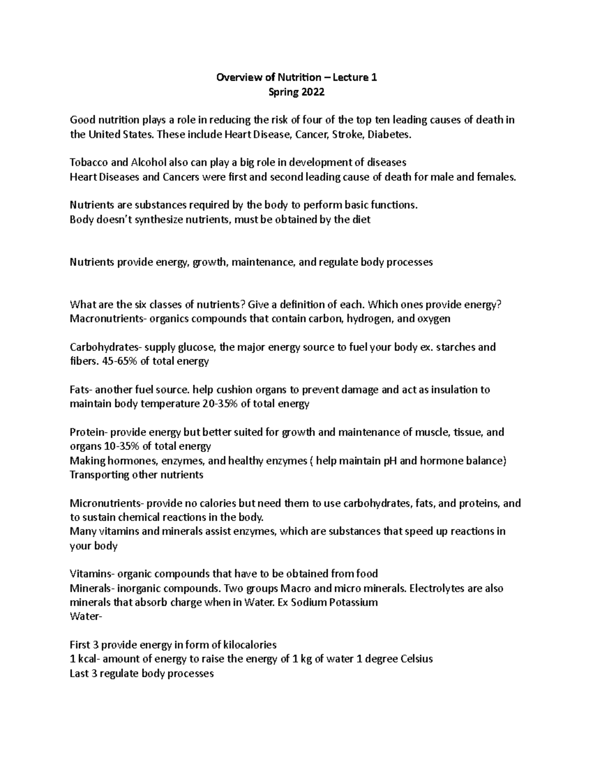NUTR222 Week 1 Notes - Overview of Nutrition – Lecture 1 Spring 2022 ...