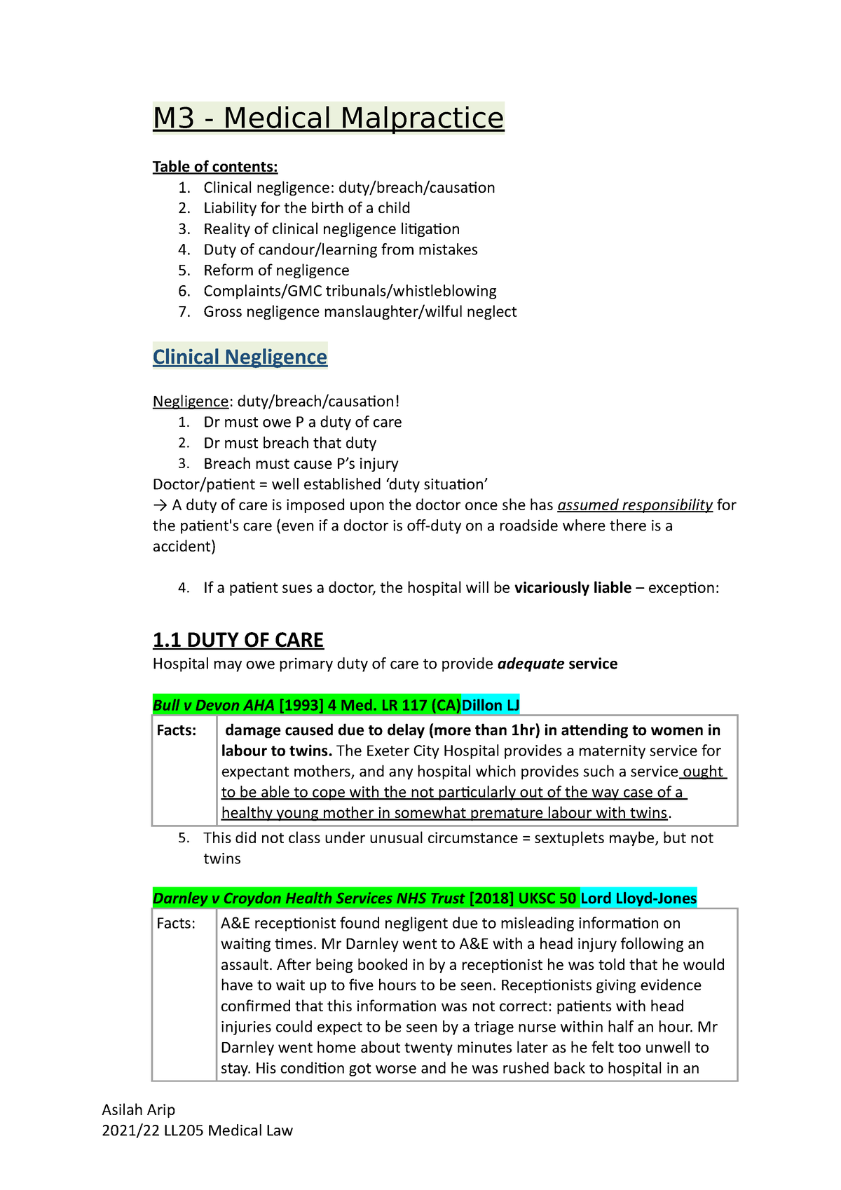 MTW3 - Medical Malpractice Lecture Notes And Cases Summary - M3 ...