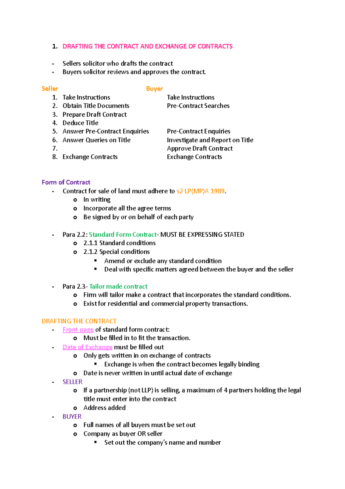 Drafting and Exchange of Contracts 1. DRAFTING THE CONTRACT AND