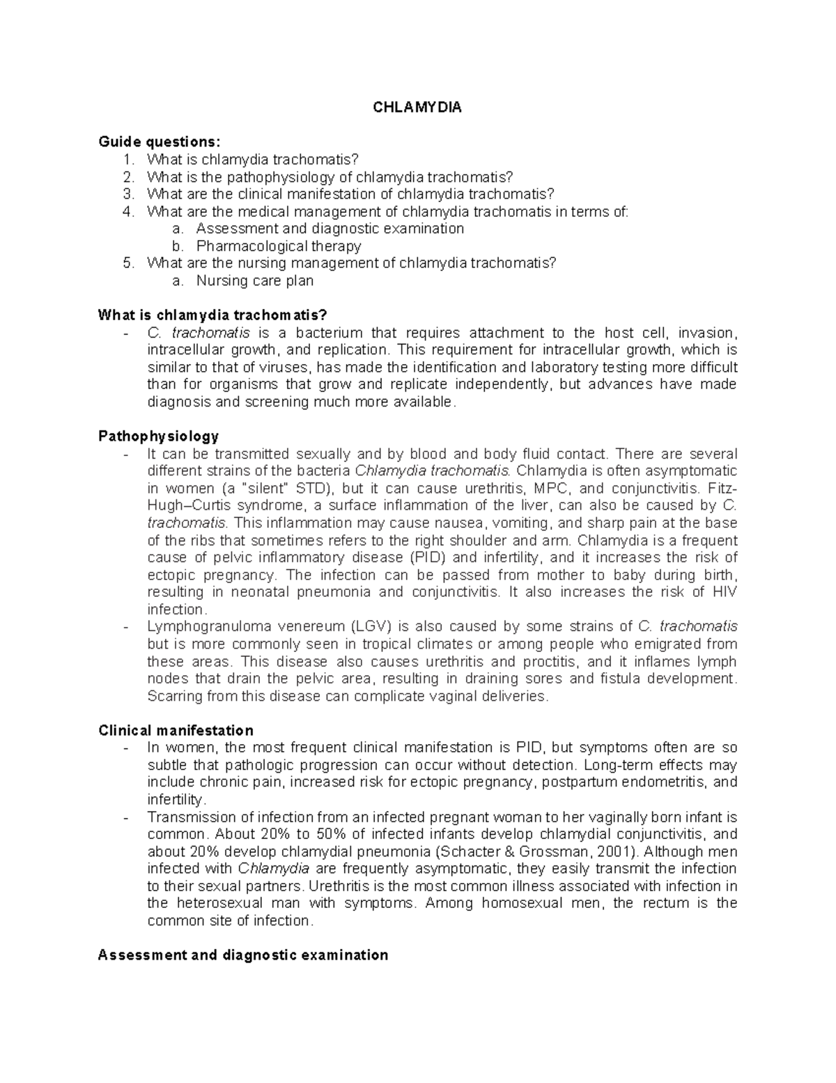 Chlamydia - BSN 2020 - CHLAMYDIA Guide questions: 1. What is chlamydia ...