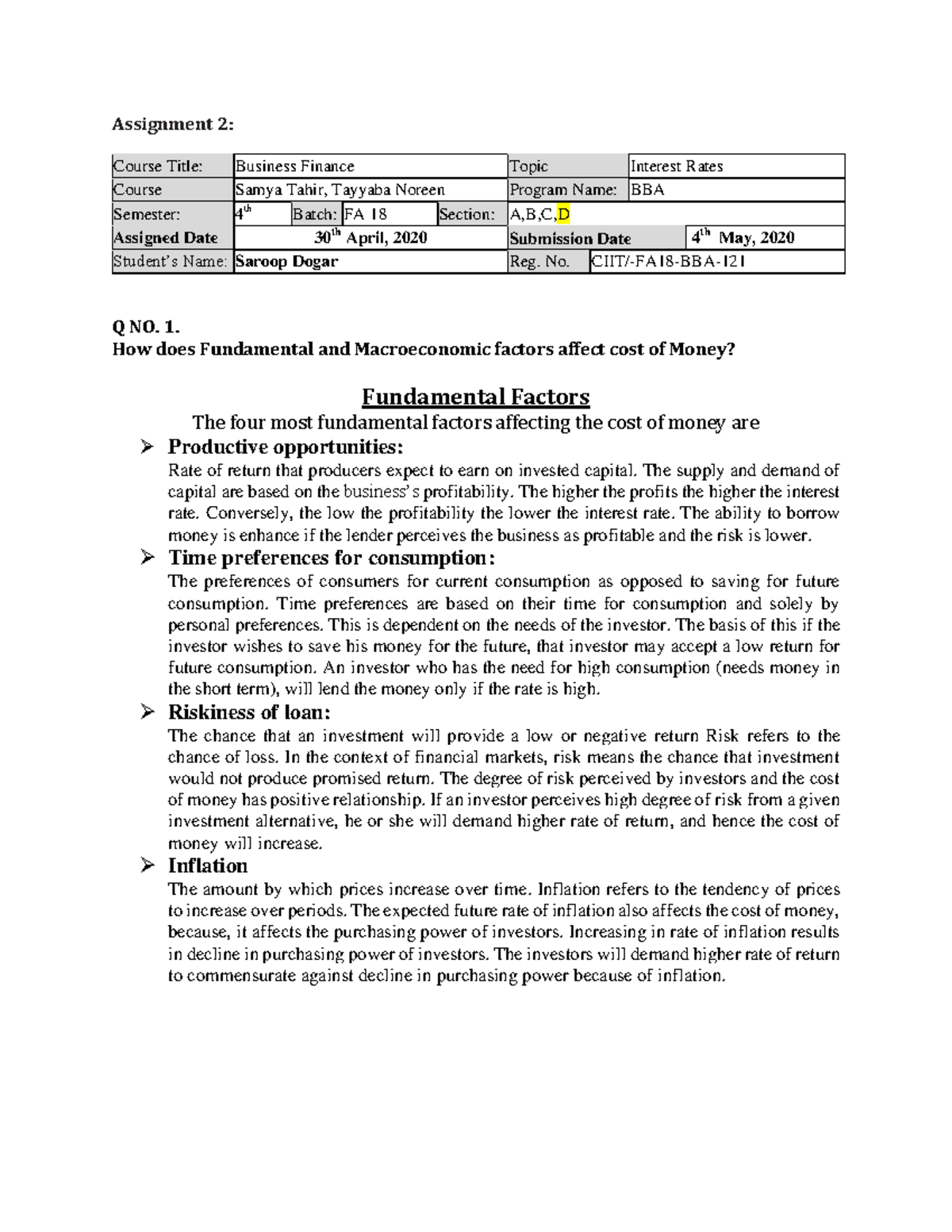 assignment on interest rate