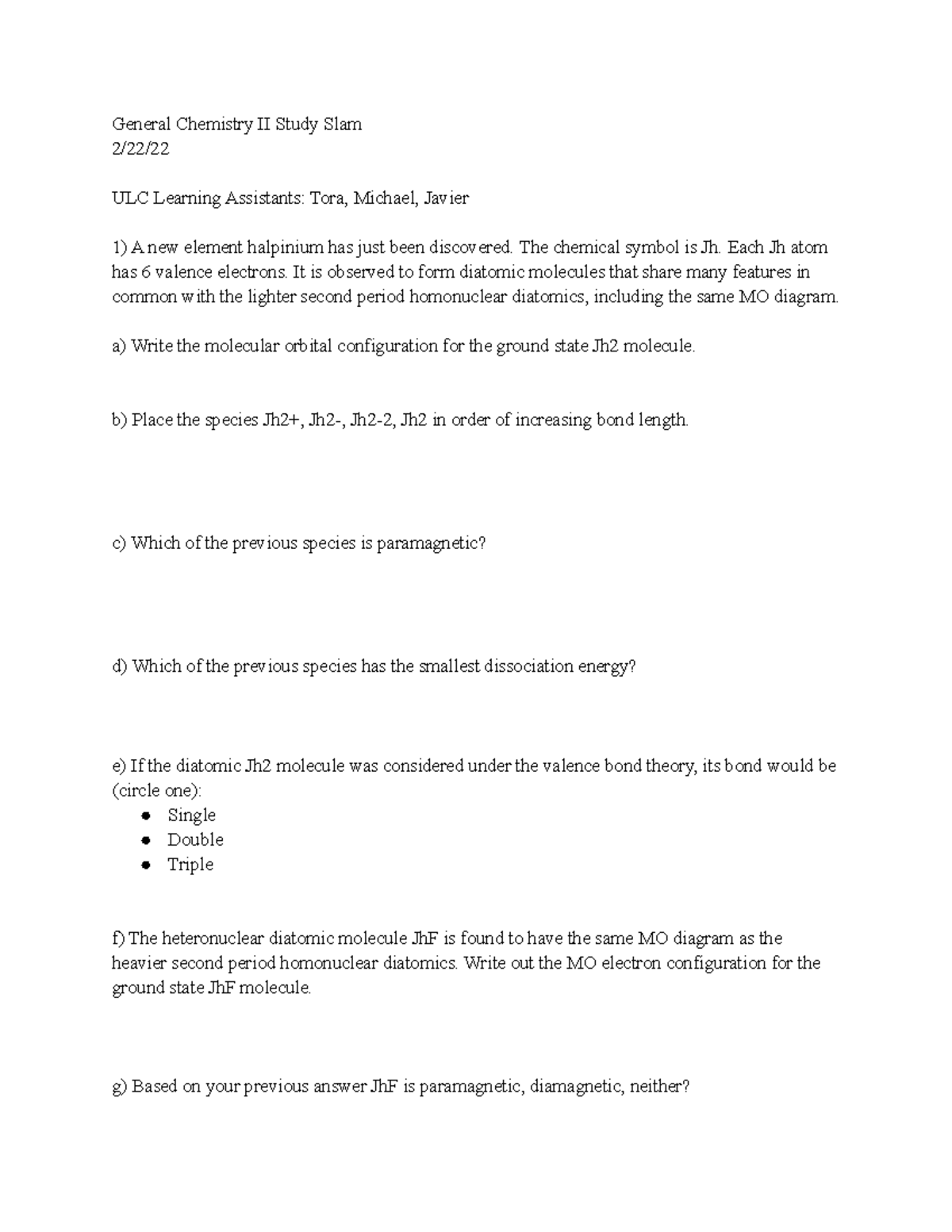 Study Slam 1 for exam - General Chemistry II Study Slam 2/22/ ULC ...