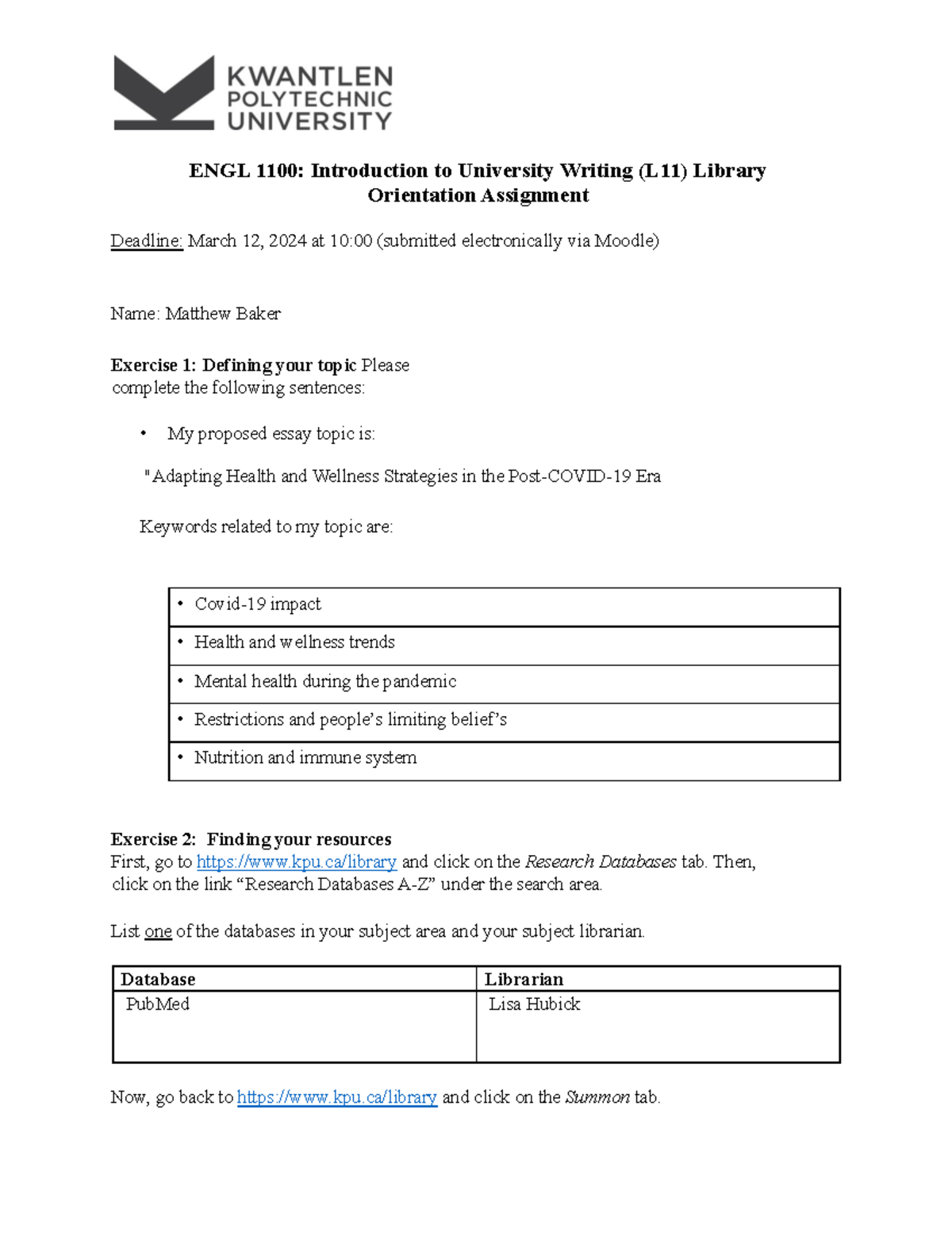 Library Orientation Assignment MB Final - ENGL 1100: Introduction to ...