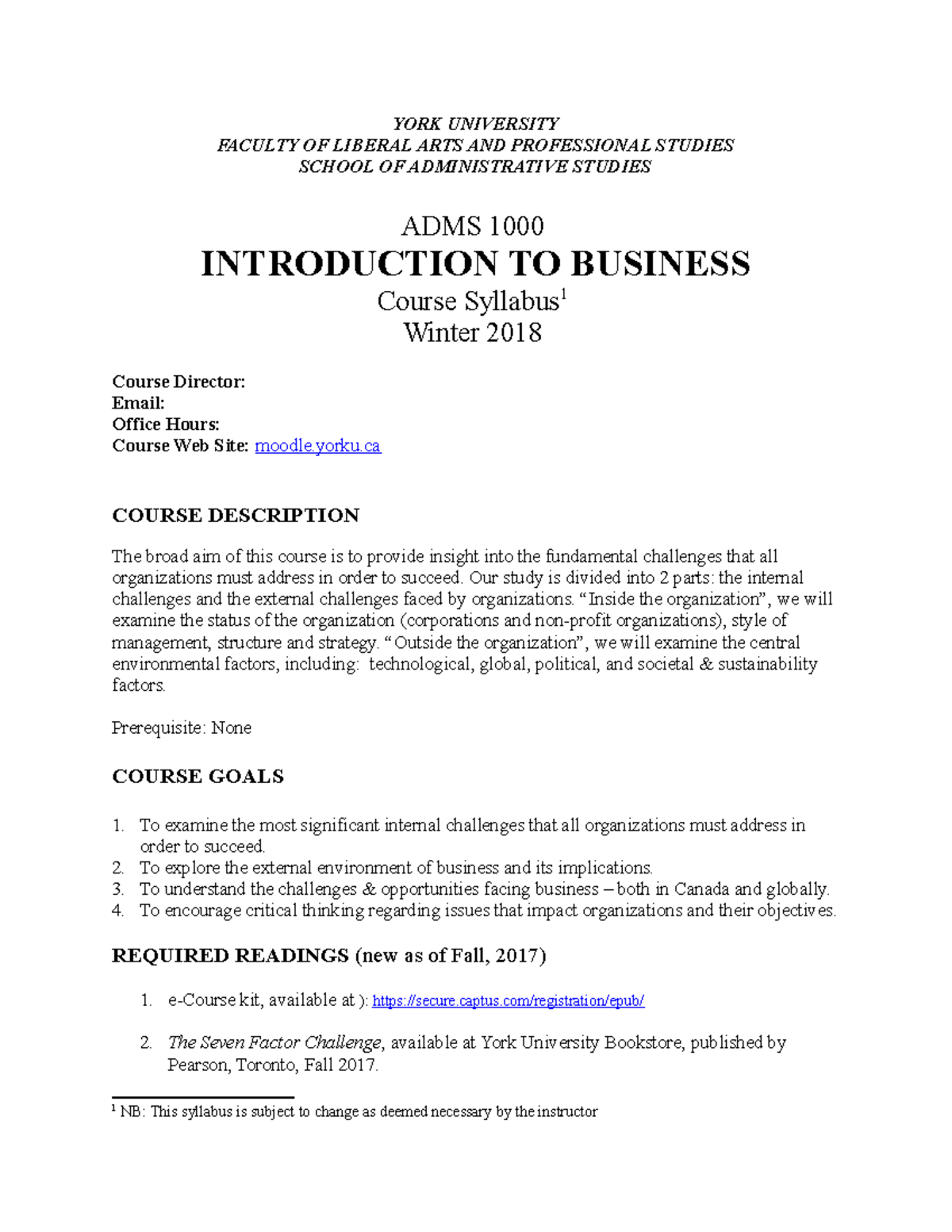 W18.ADMS1000 Course Outline - YORK UNIVERSITY FACULTY OF LIBERAL ARTS ...