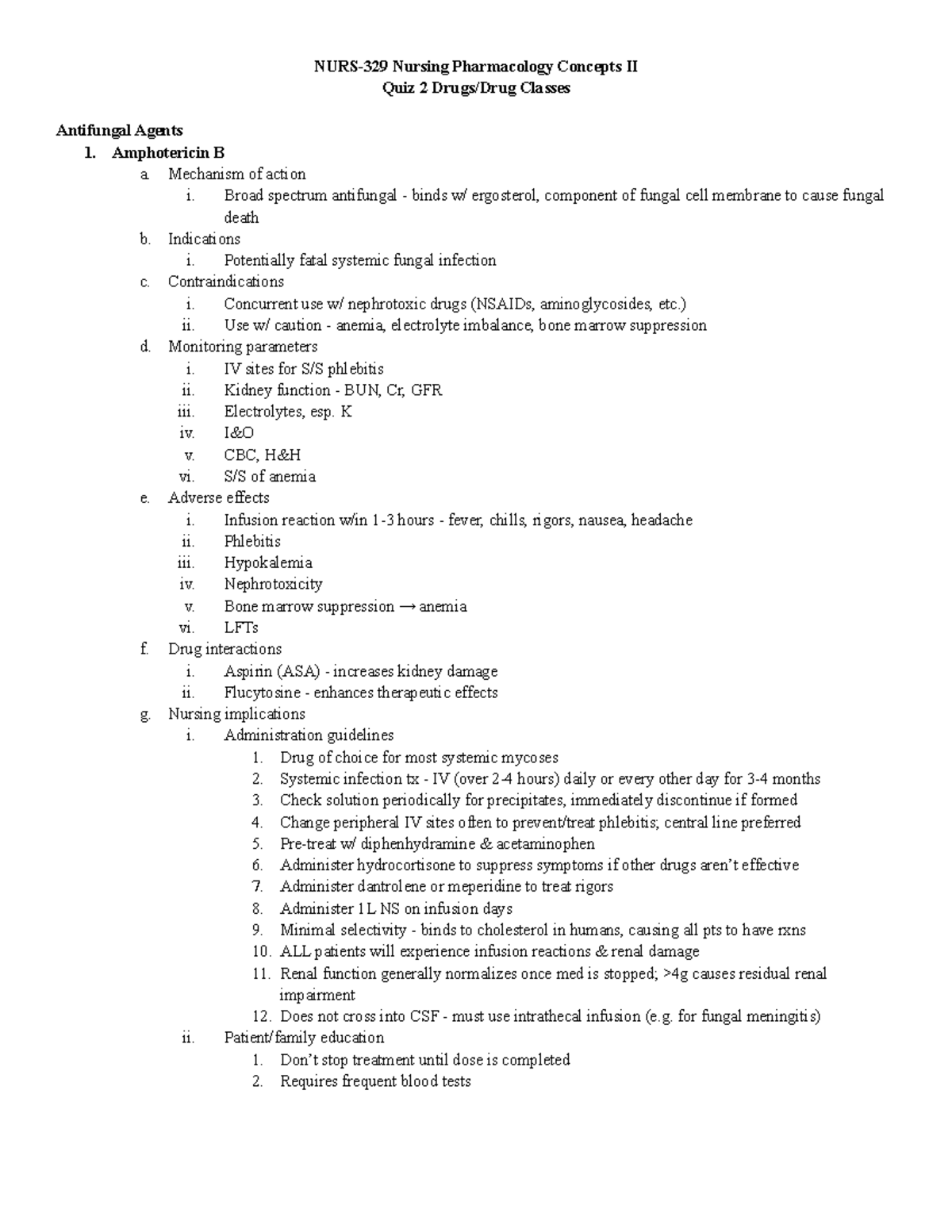 Quiz 2 Drugs Drug Classes NURS329 Nursing Pharmacology Concepts II
