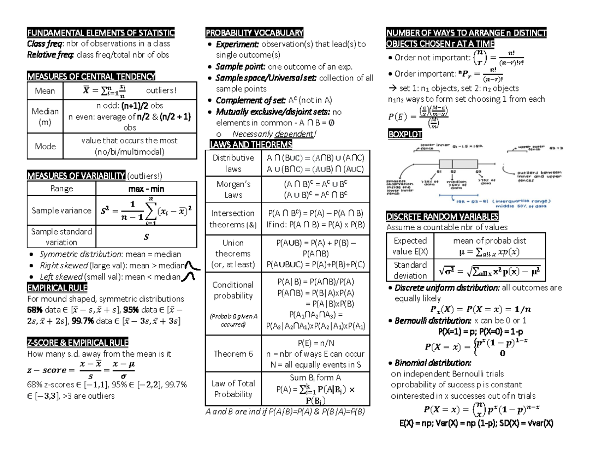 CribsheetMATH203 Final FUNDAMENTAL ELEMENTS OF STATISTIC Class freq nbr of observations in