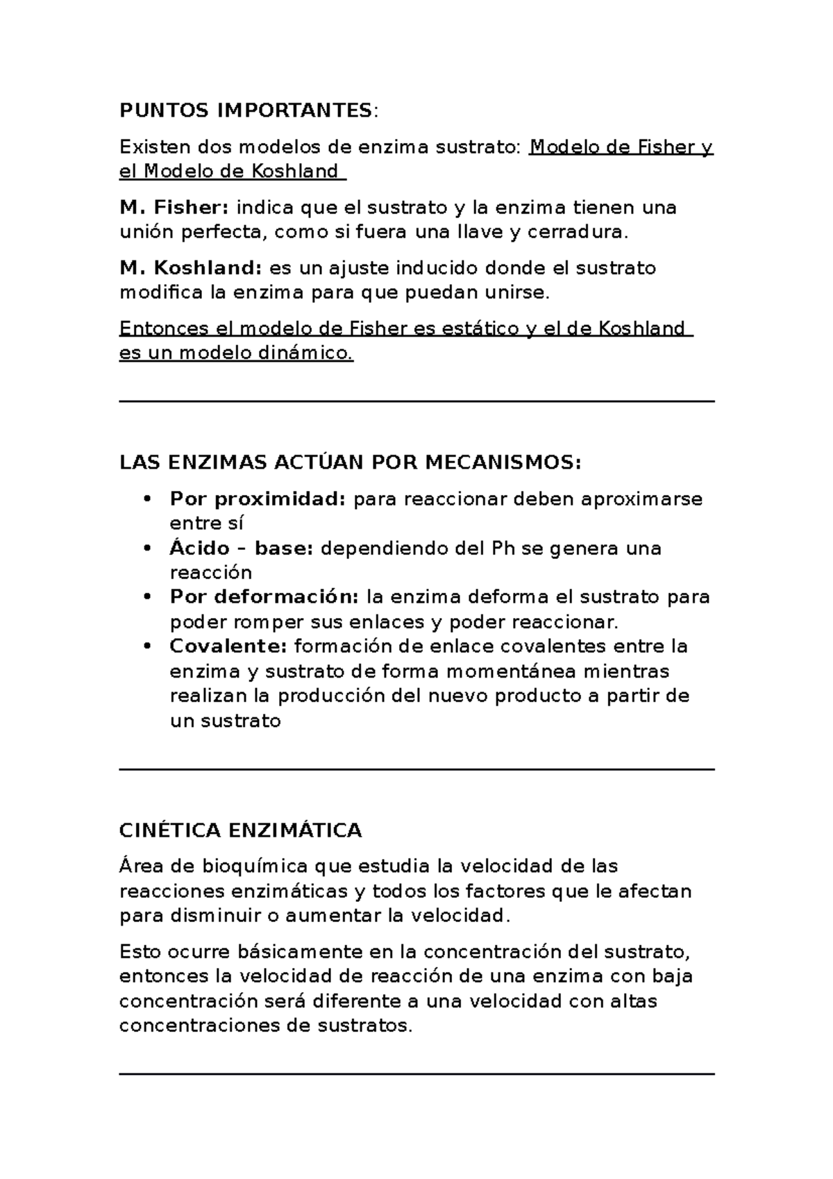 Cinética Enzimática - PUNTOS IMPORTANTES : Existen dos modelos de enzima  sustrato: Modelo de Fisher - Studocu