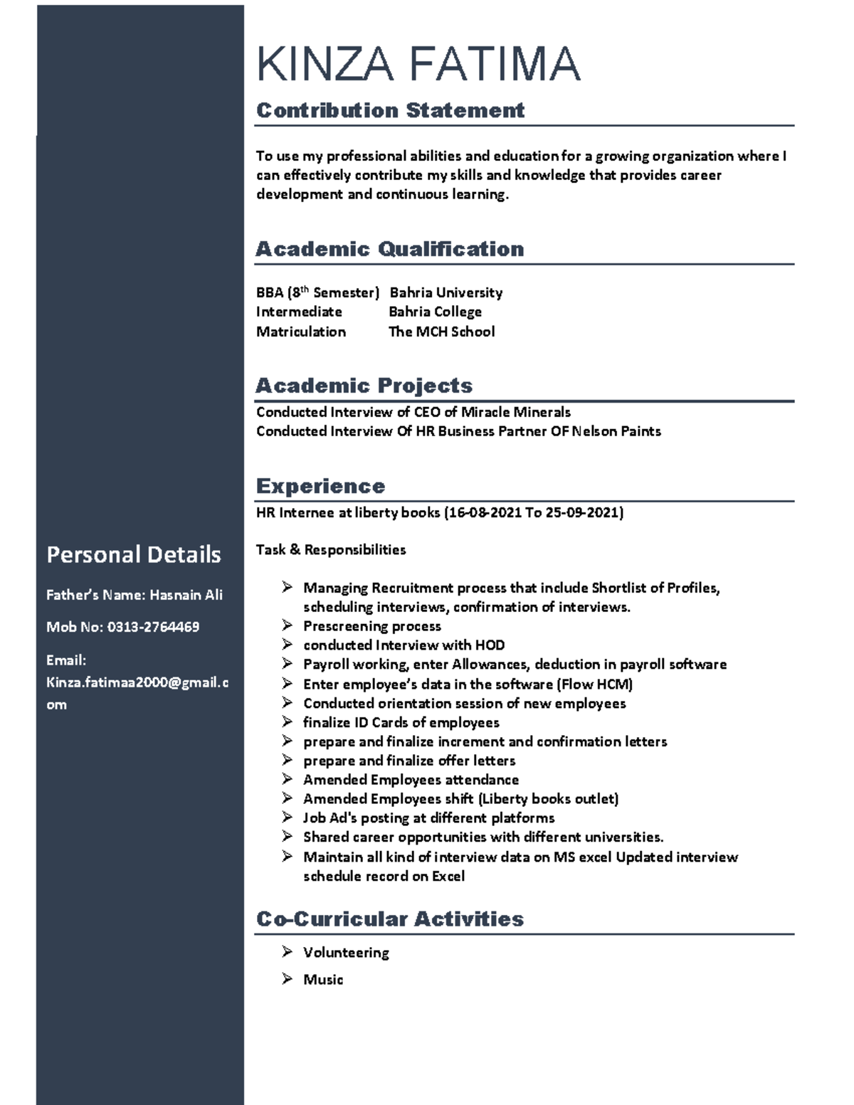 Kinza Fatima Resume - Learning material - Personal Details Father’s ...