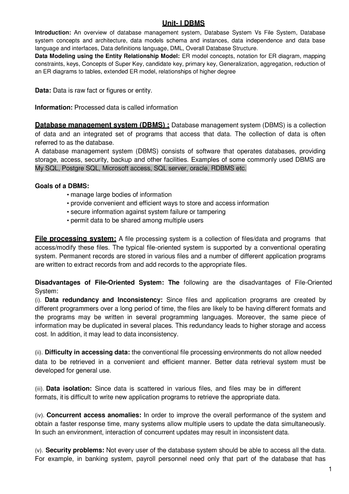 1.1 UNIT DBMS - Unit- I DBMS Introduction: An Overview Of Database ...