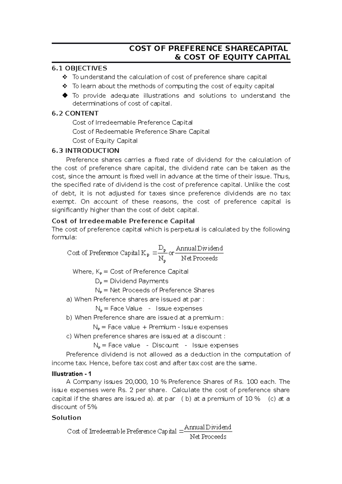 COST OF Preference Sharecapital COST OF PREFERENCE SHARECAPITAL