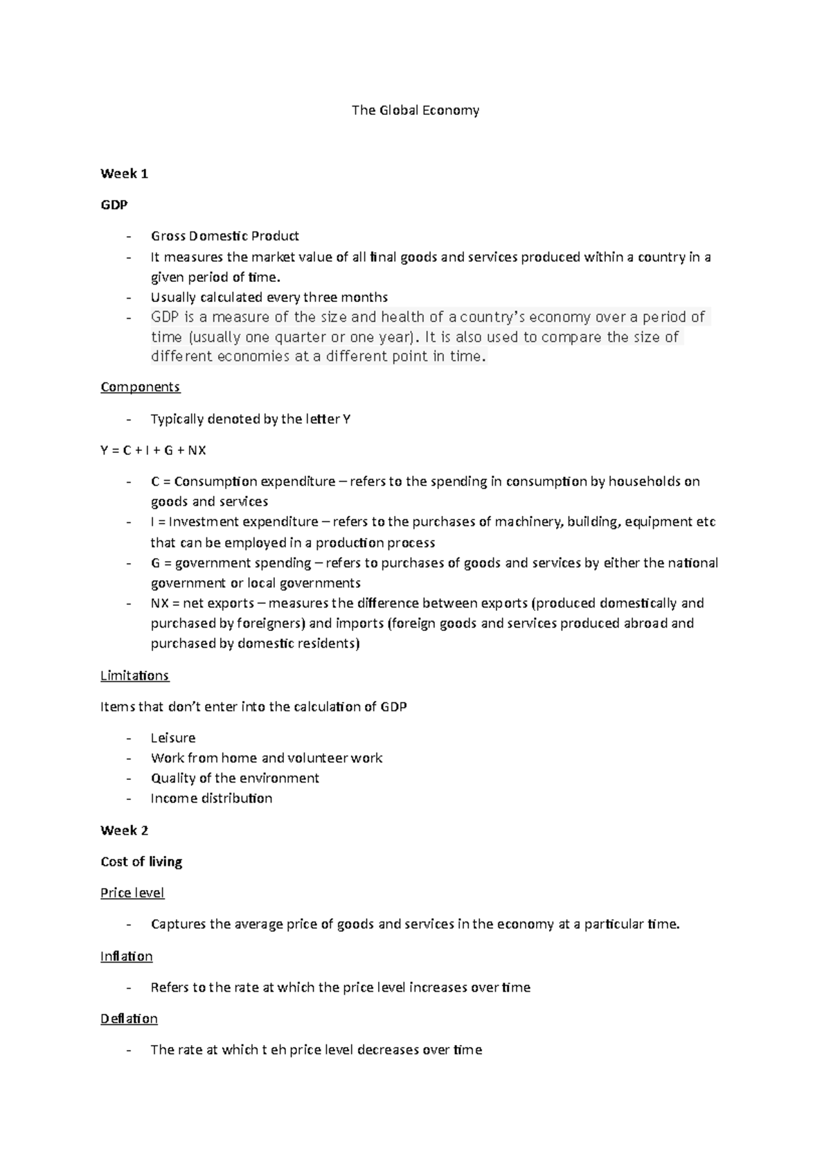 The Global Economy - full notes - The Global Economy Week 1 GDP - Gross ...