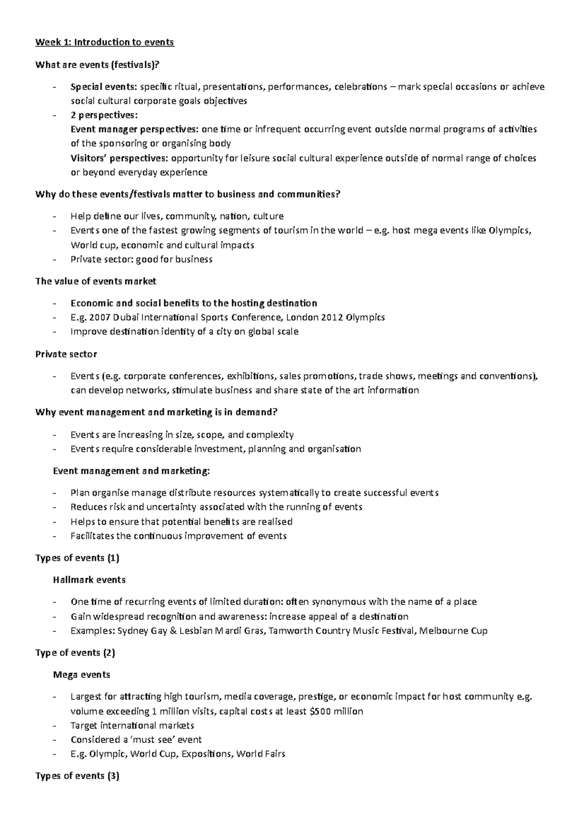 MARK2060 lecture notes - Week 1: Introduction to events What are events ...