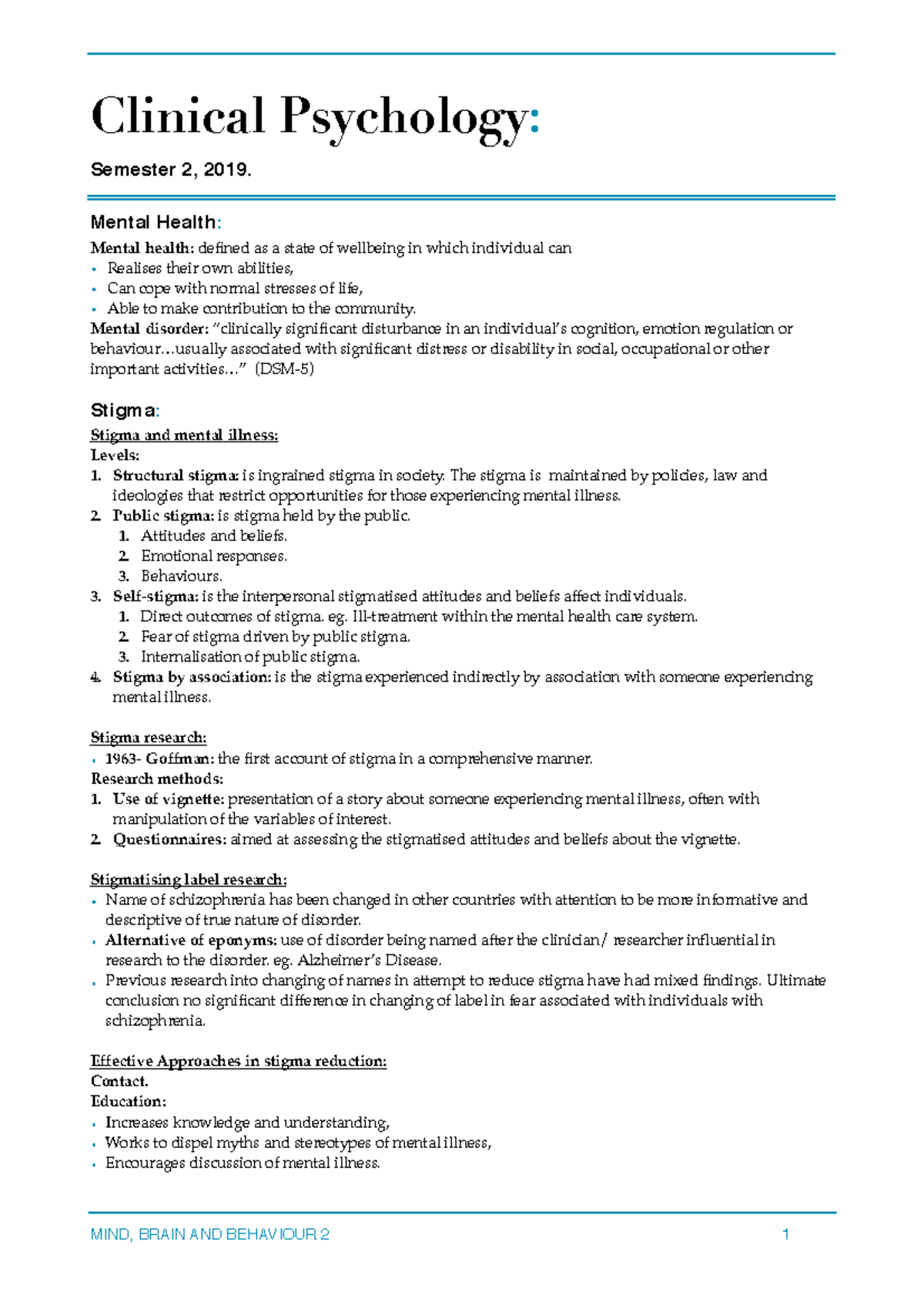 Clinical psych notes - Clinical Psychology: Semester 2, 2019. Mental ...