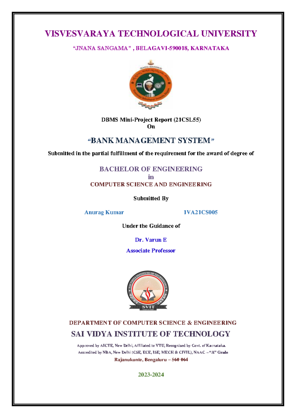 Dbms Mini Project Report - VISVESVARAYA TECHNOLOGICAL UNIVERSITY “JNANA ...