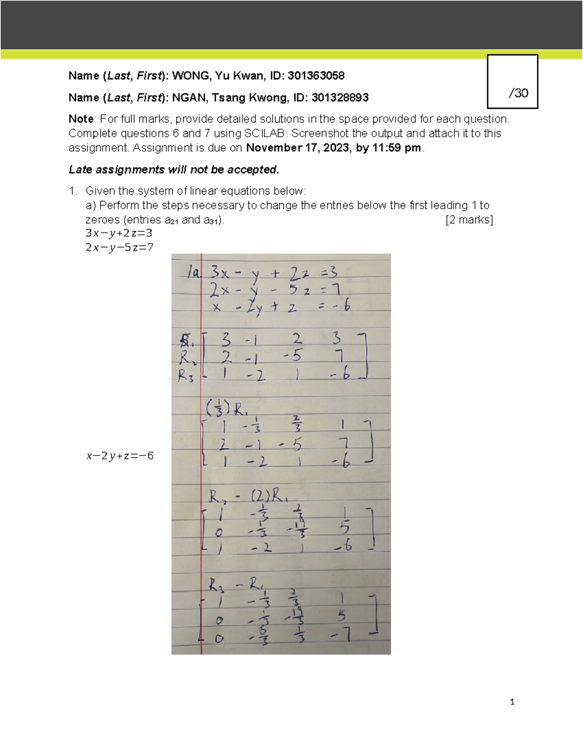 Math 210 - Assignment 3A- Linear Algebra Yu Kwan Wong Ngantsang Kwong ...