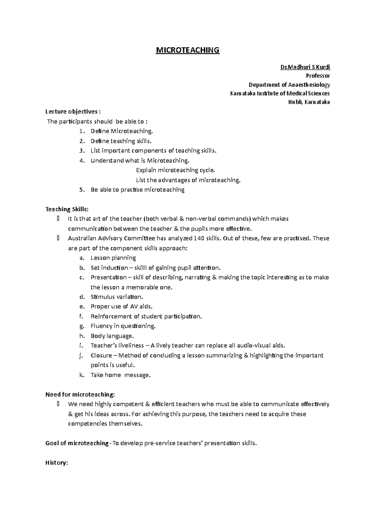 Handout Microteaching - MICROTEACHING Dr S Kurdi Professor Department ...