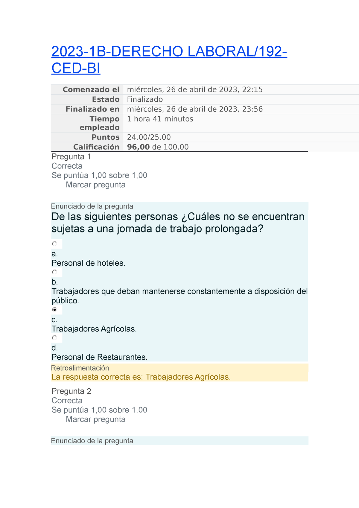 Prueba 2 Derecho Laboral - 2023-1B-DERECHO LABORAL/192- CED-BI ...