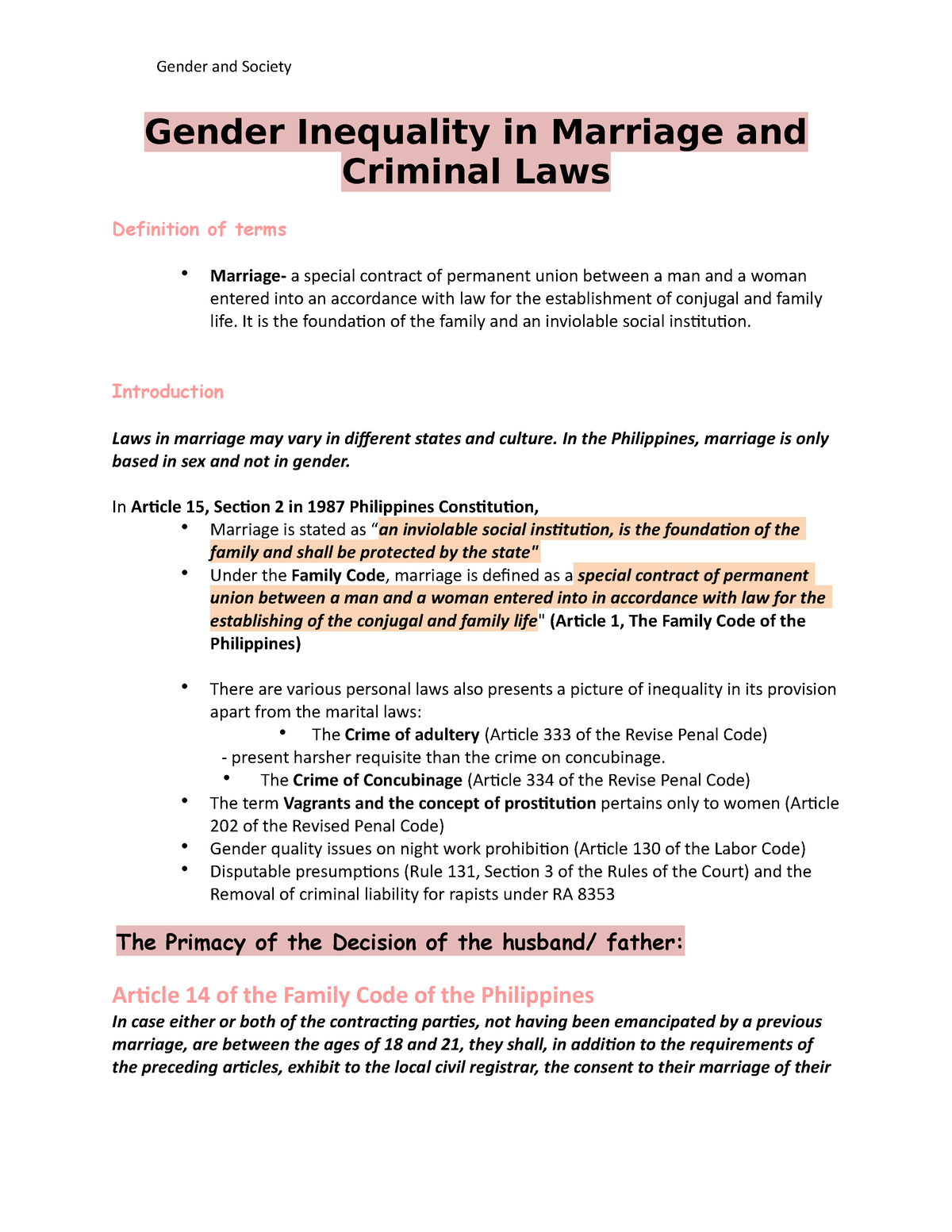 gender inequality in marriage and criminal laws essay