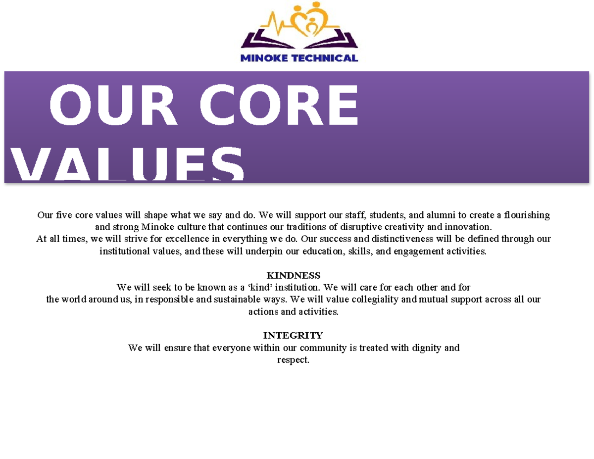 CORE Values AND Philosophy - Our five core values will shape what we ...