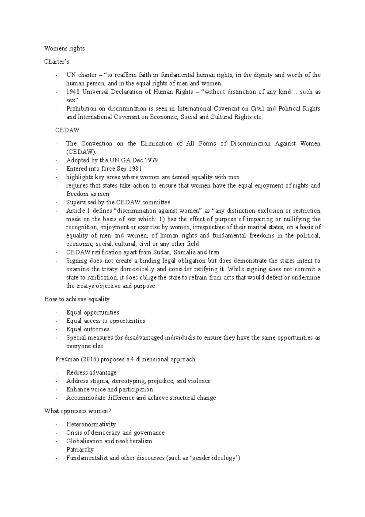 The human rights of women - Lecture notes 5 - Womens rights Charter’s ...