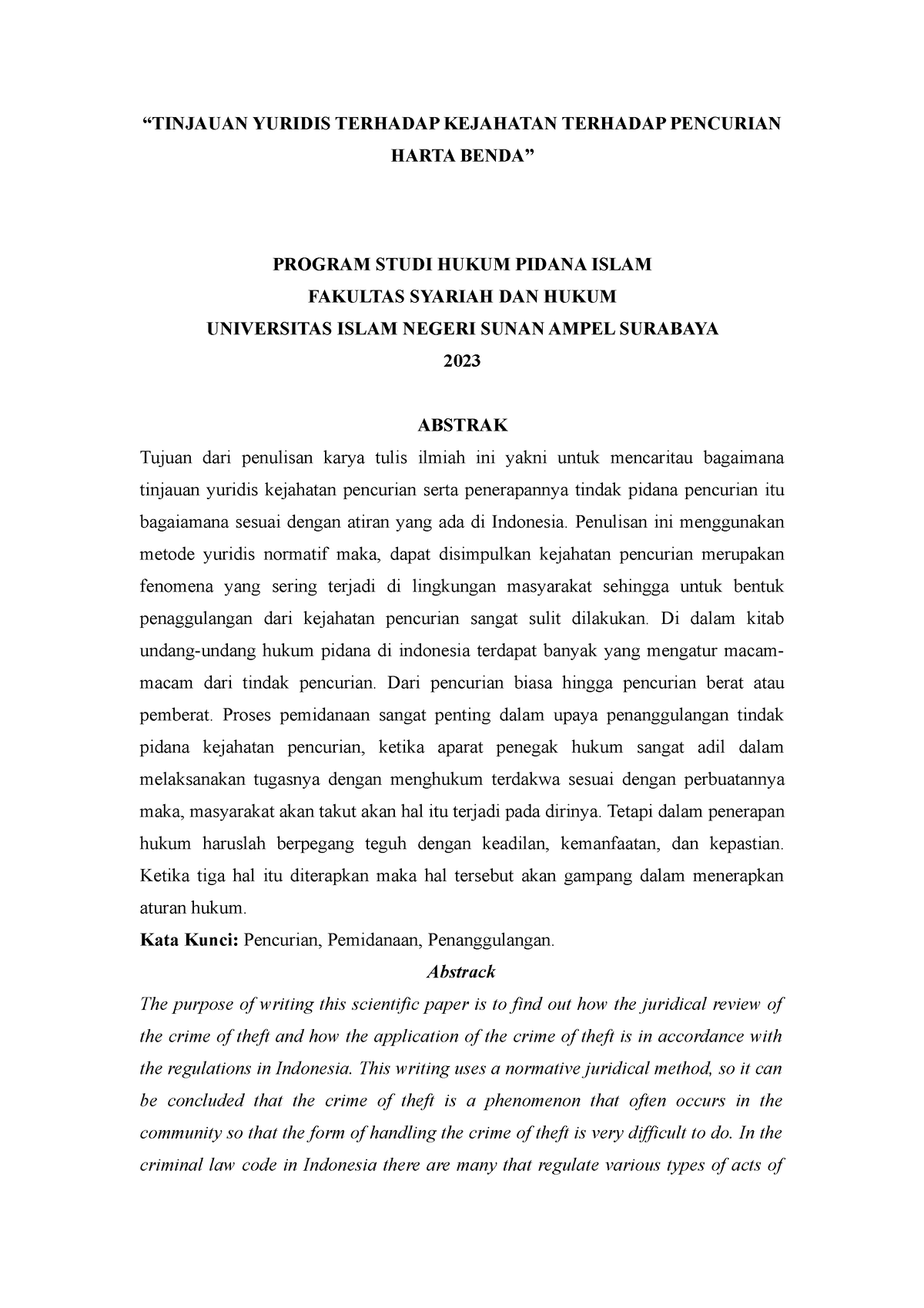 Tinjauan Yuridis Terhadap Kejahatan Pencurian Harta Benda - “TINJAUAN ...