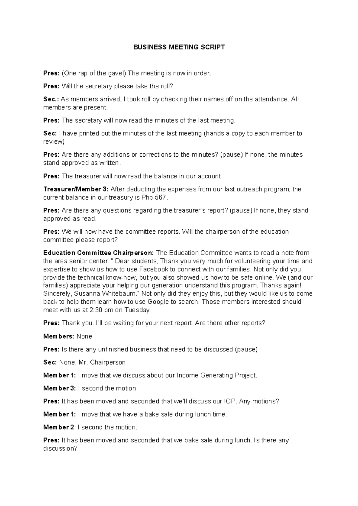 Inbound 7401325925819292570 - BUSINESS MEETING SCRIPT Pres: (One rap of ...