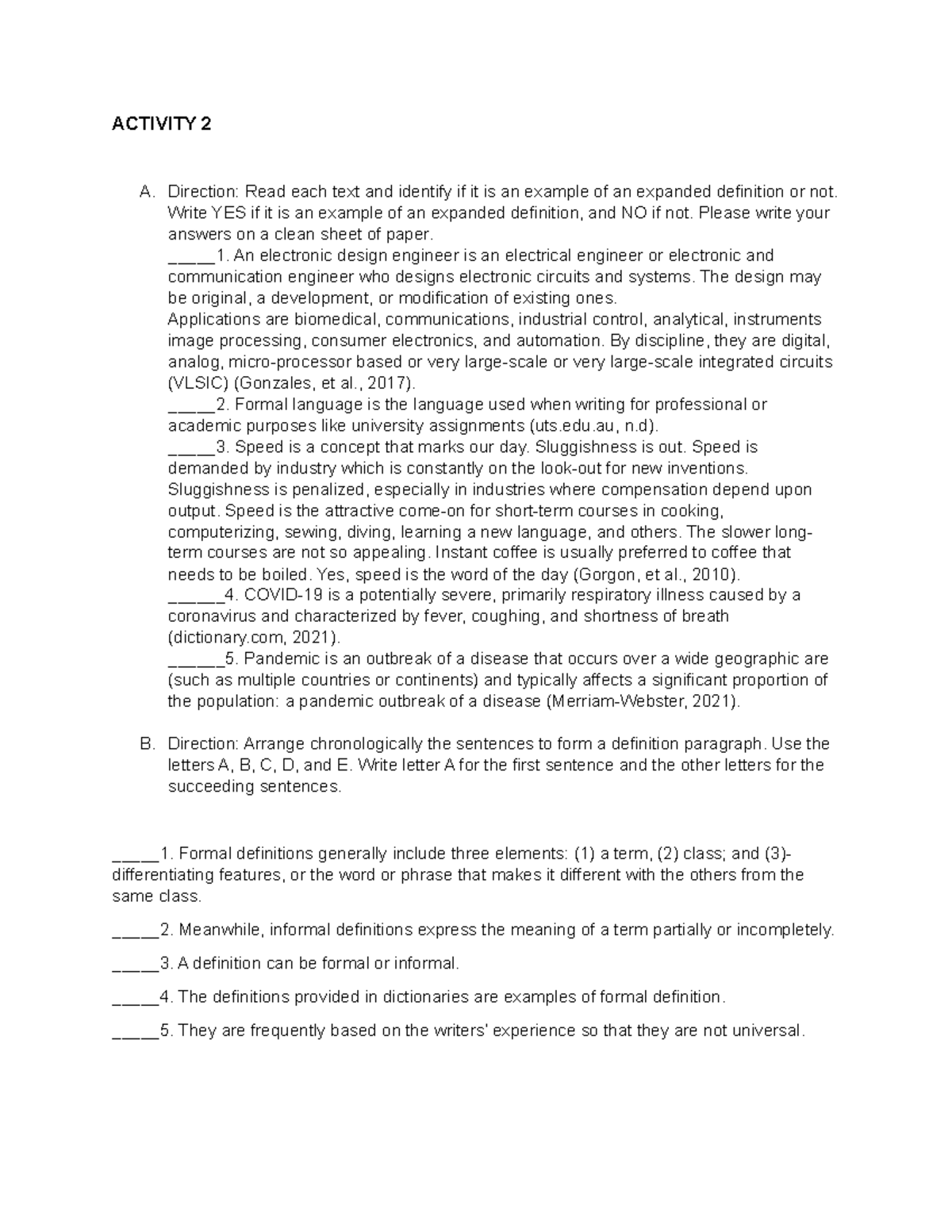 Activity 2 for module 2 - notes - ACTIVITY 2 A. Direction: Read each ...