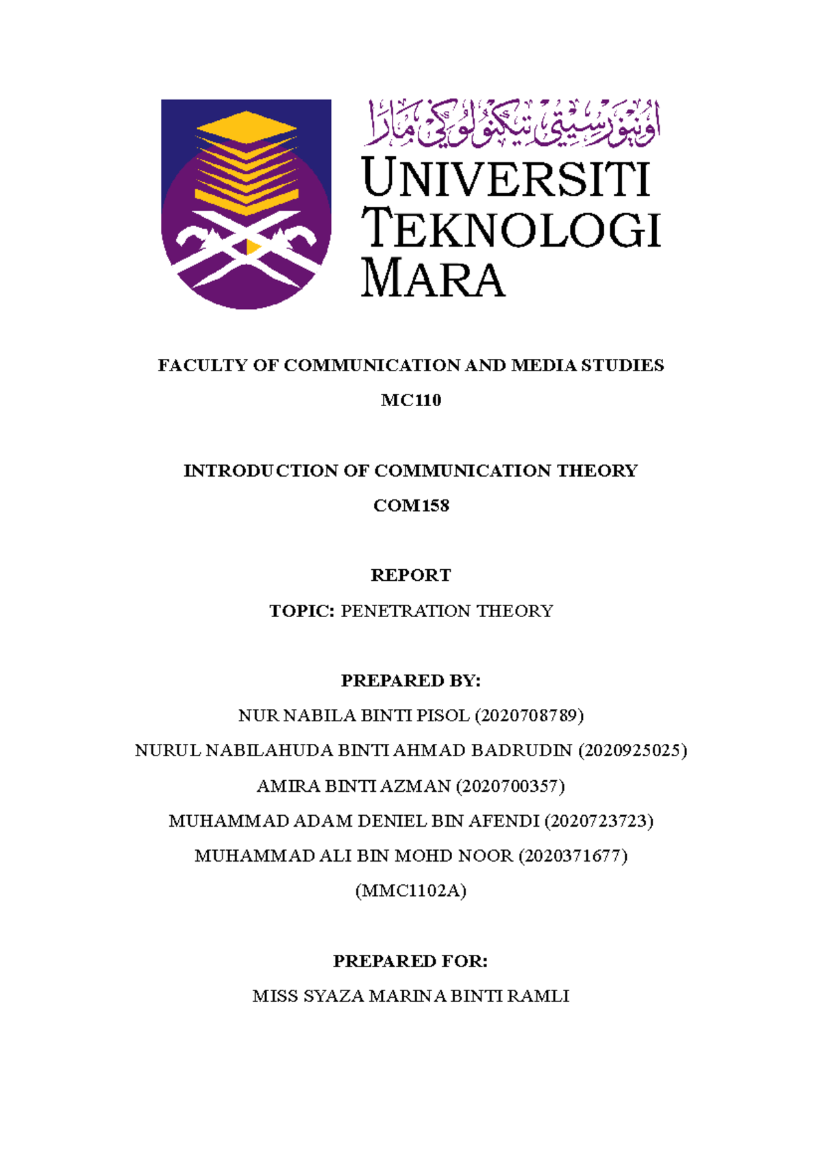 Com 158 reports penetration of the report - FACULTY OF COMMUNICATION ...